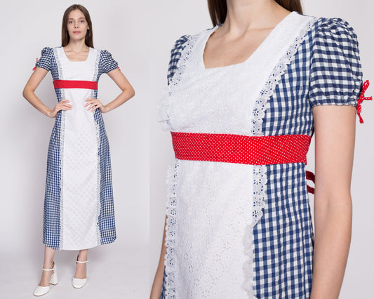 Petite Small 60s Gingham Prairie Maxi Dress | Vintage Red White Blue Boho A Line Cottagecore Lace Apron Dress