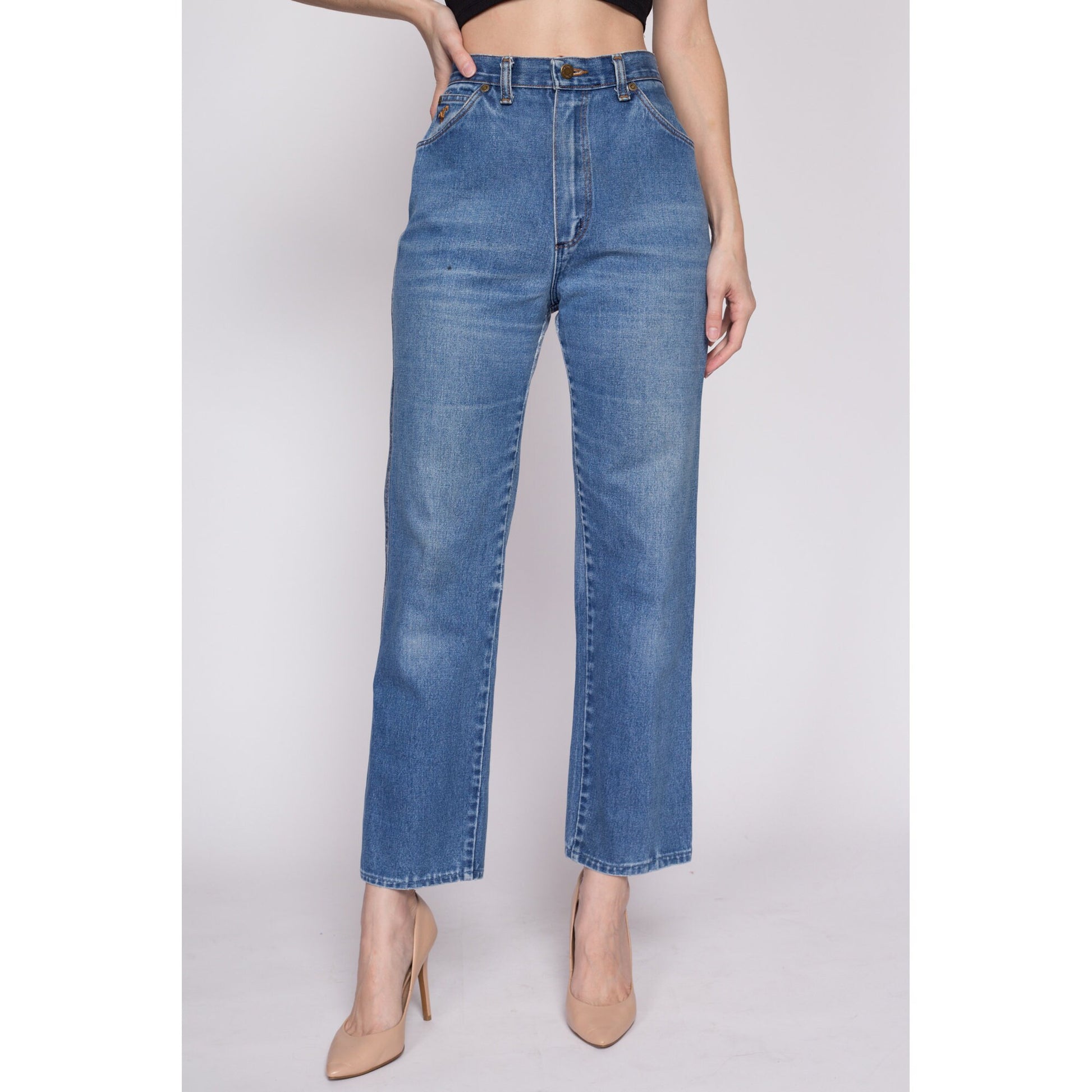 Small 70s Wrangler High Waisted Jeans 26" | Vintage Straight Leg Soft Denim Mom Jeans