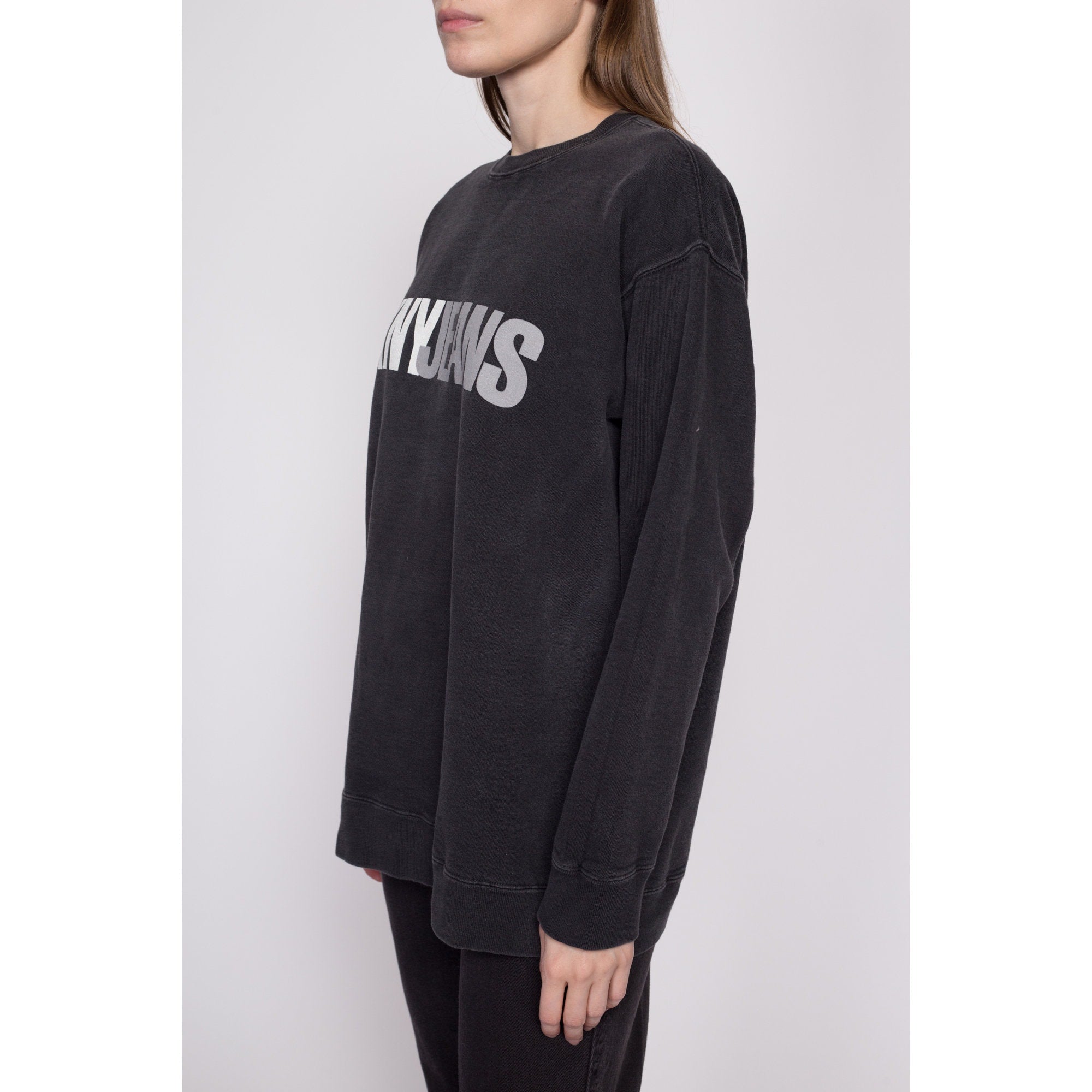 One Size 90s DKNY Jeans Black Crewneck Sweatshirt Flying Apple