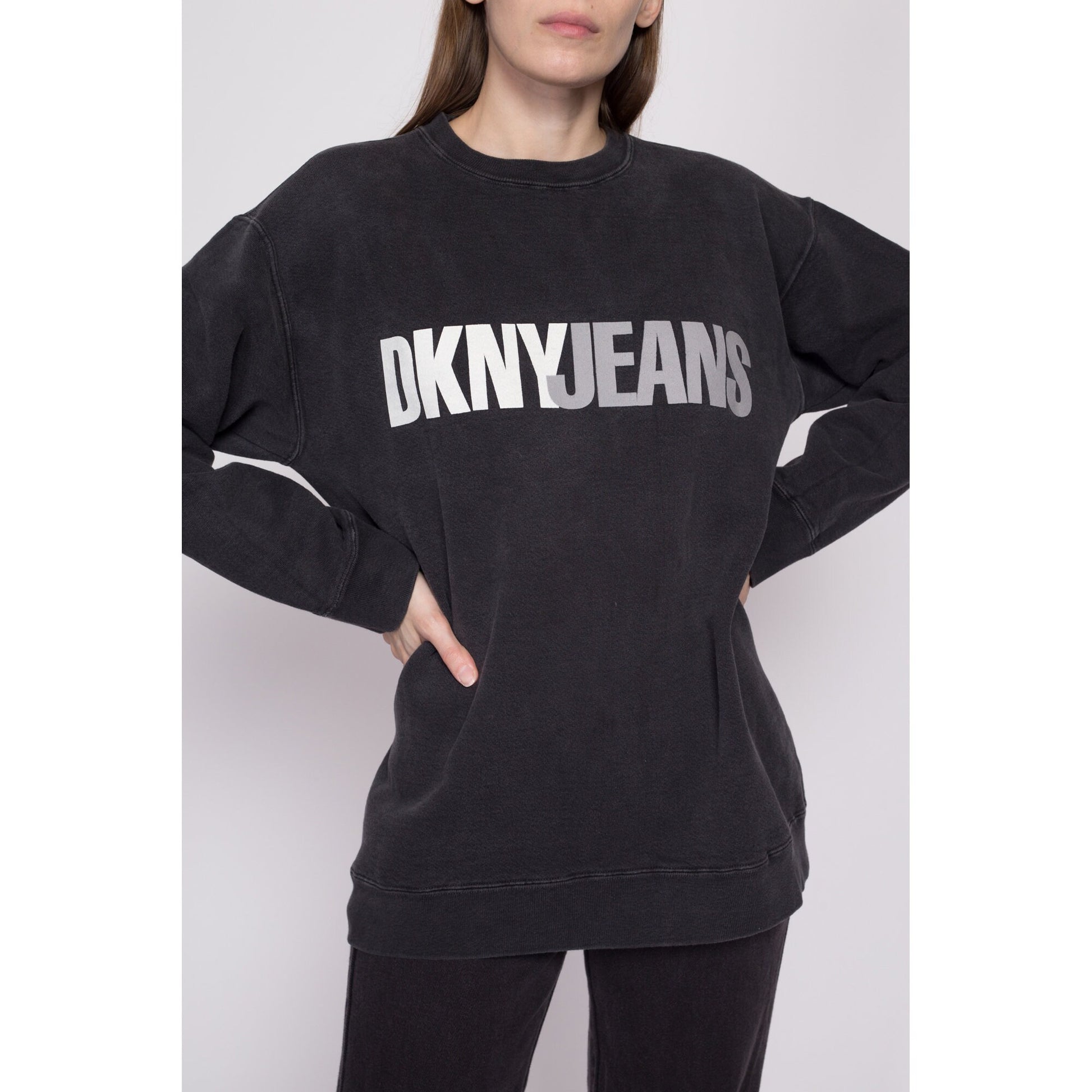 One Size 90s DKNY Jeans Black Crewneck Sweatshirt | Vintage Spell Out Big Logo Oversize Pullover