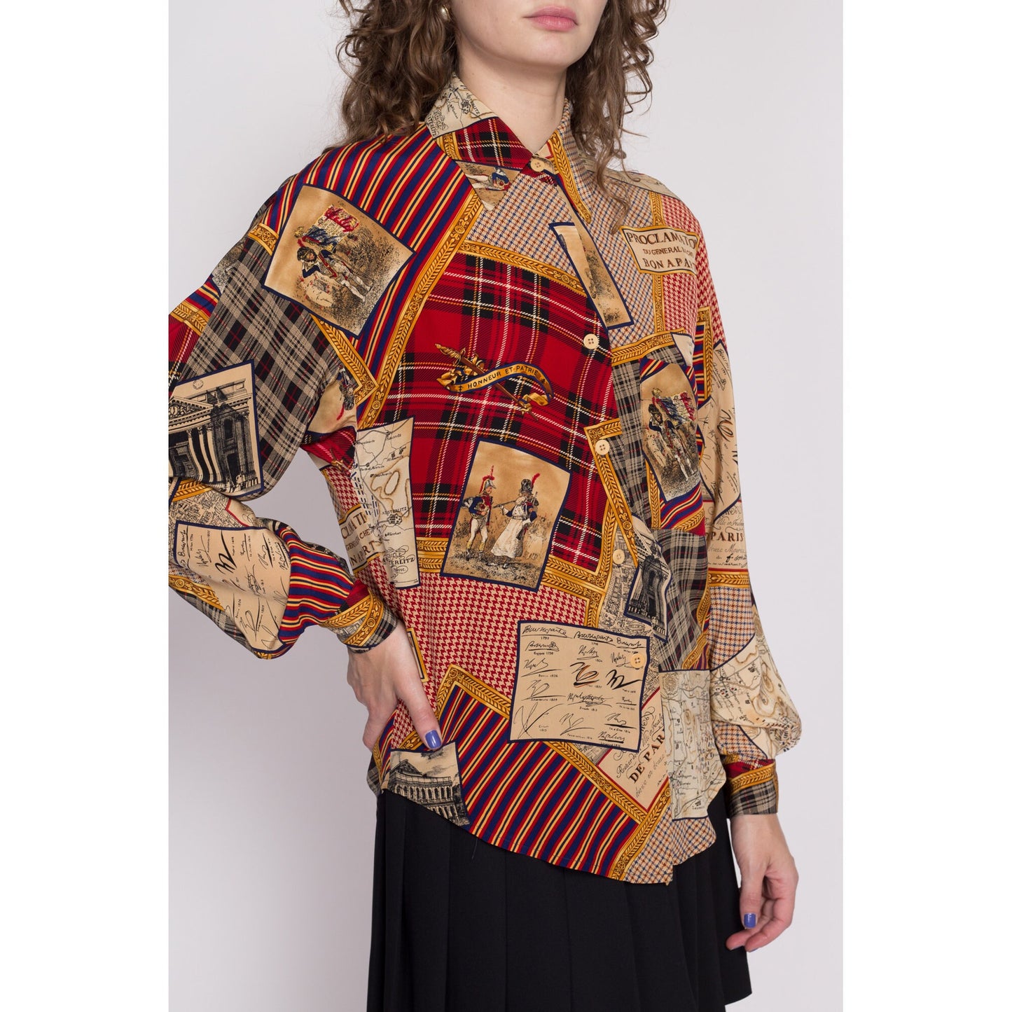 S| 90s Napoleon Bonaparte French Novelty Print Silk Blouse - Small | Vintage Linda Allard For Ellen Tracy Collared Button Up Shirt