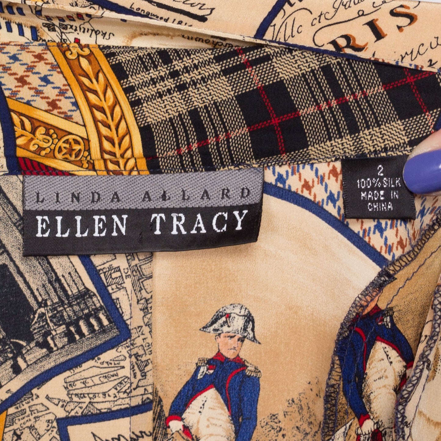 S| 90s Napoleon Bonaparte French Novelty Print Silk Blouse - Small | Vintage Linda Allard For Ellen Tracy Collared Button Up Shirt