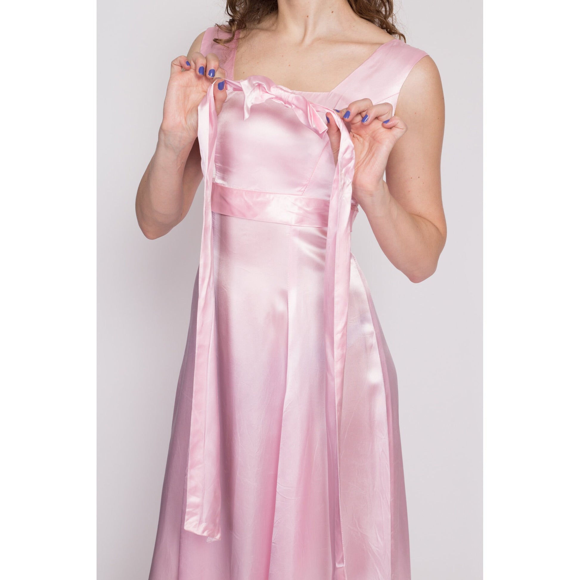 S| 70s Pink Satin Maxi Dress - Small | Vintage A Line Empire Waist Sleeveless Party Gown