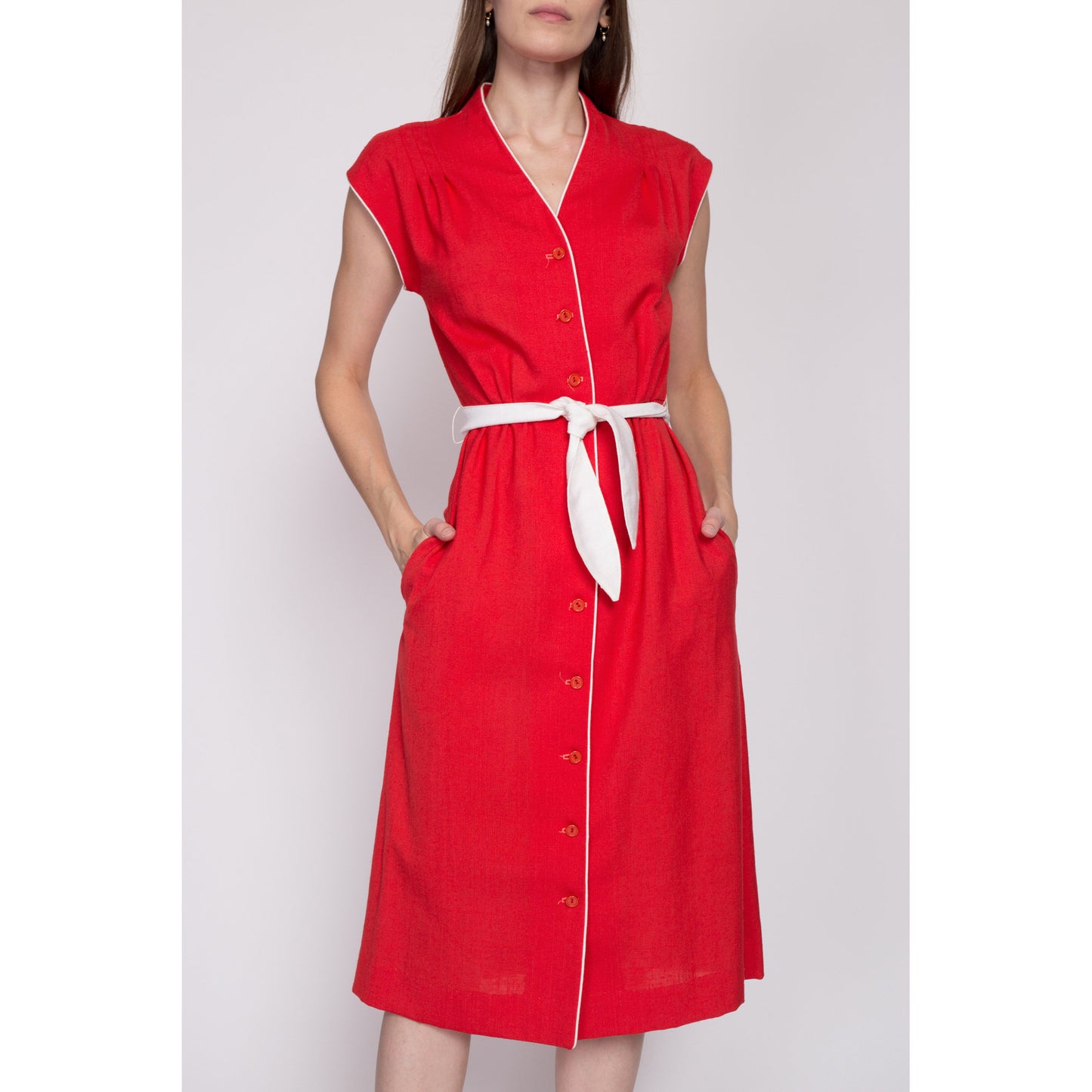 XS| 70s Red Belted Cap Sleeve Shirtdress - Extra Small | Vintage Button Up Midi A Line Day Dress