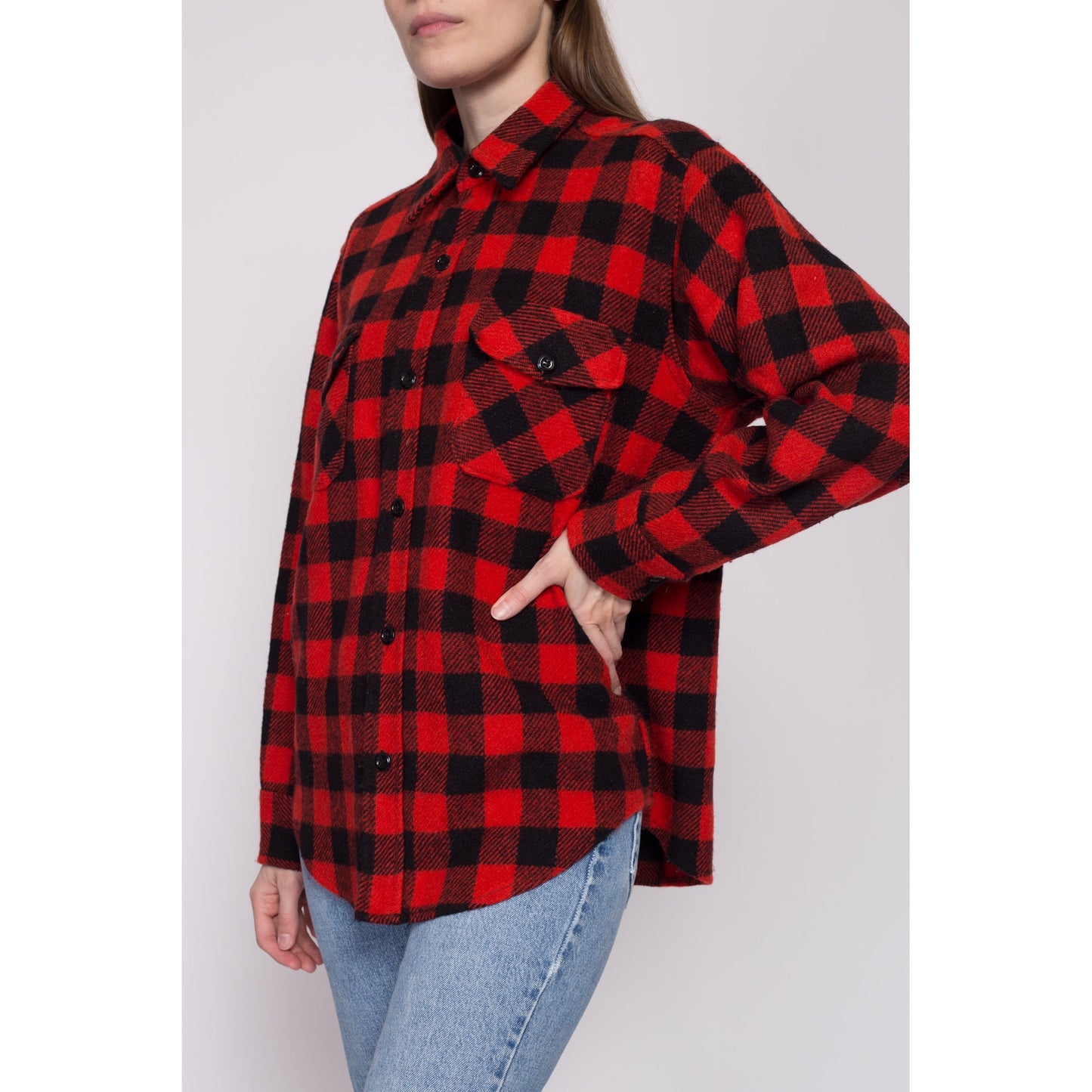 M-L| 70s Melton Buffalo Plaid Wool Shirt Jacket - Men's Medium, Women's Large | Vintage Red & Black Lumberjack Overshirt Shacket