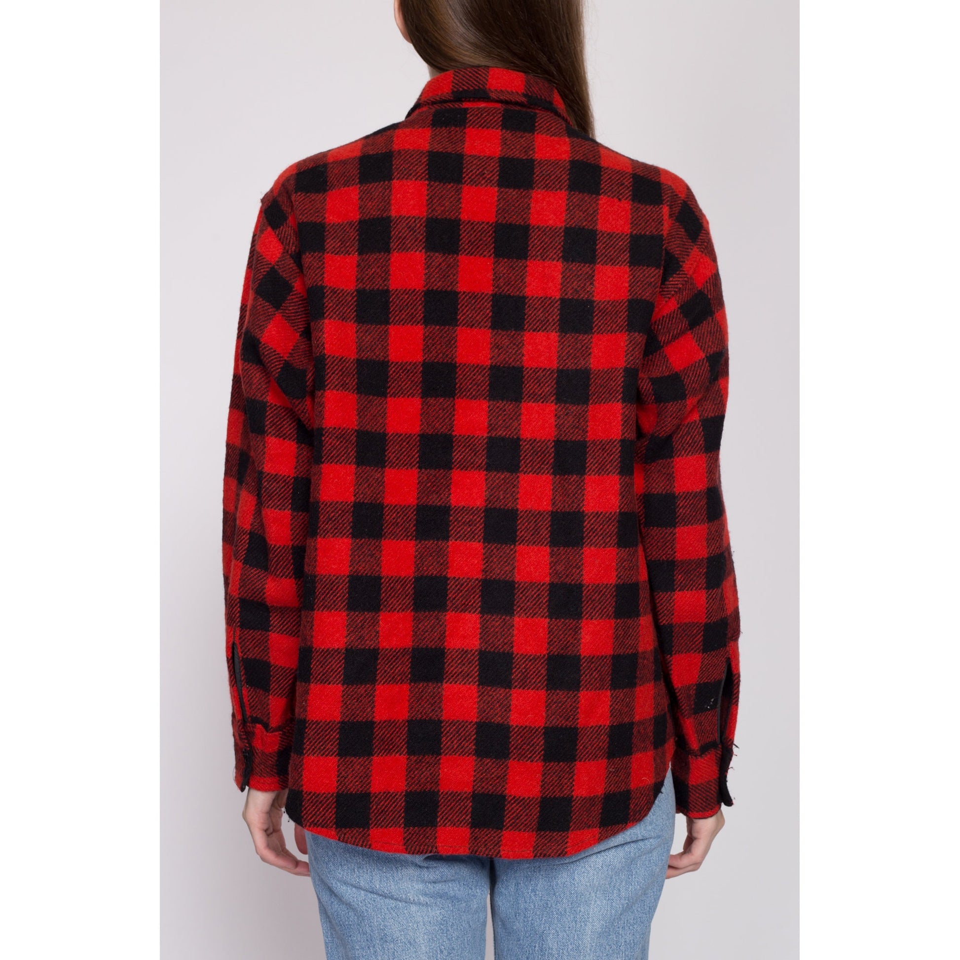M-L| 70s Melton Buffalo Plaid Wool Shirt Jacket - Men's Medium, Women's Large | Vintage Red & Black Lumberjack Overshirt Shacket