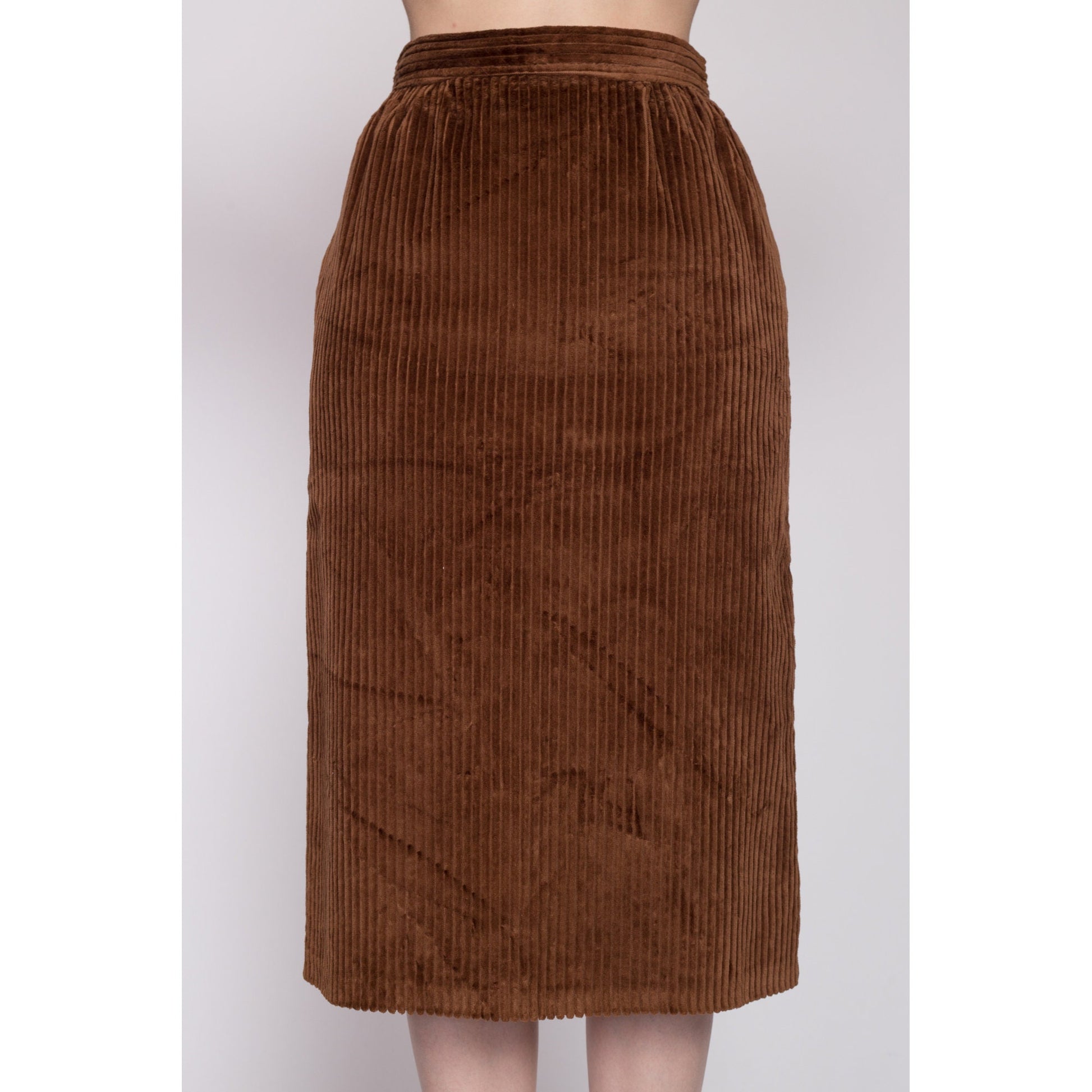 XS| 70s Brown Corduroy Midi Skirt - Extra Small, 25" | Vintage Plain High Waisted A Line Pencil Skirt