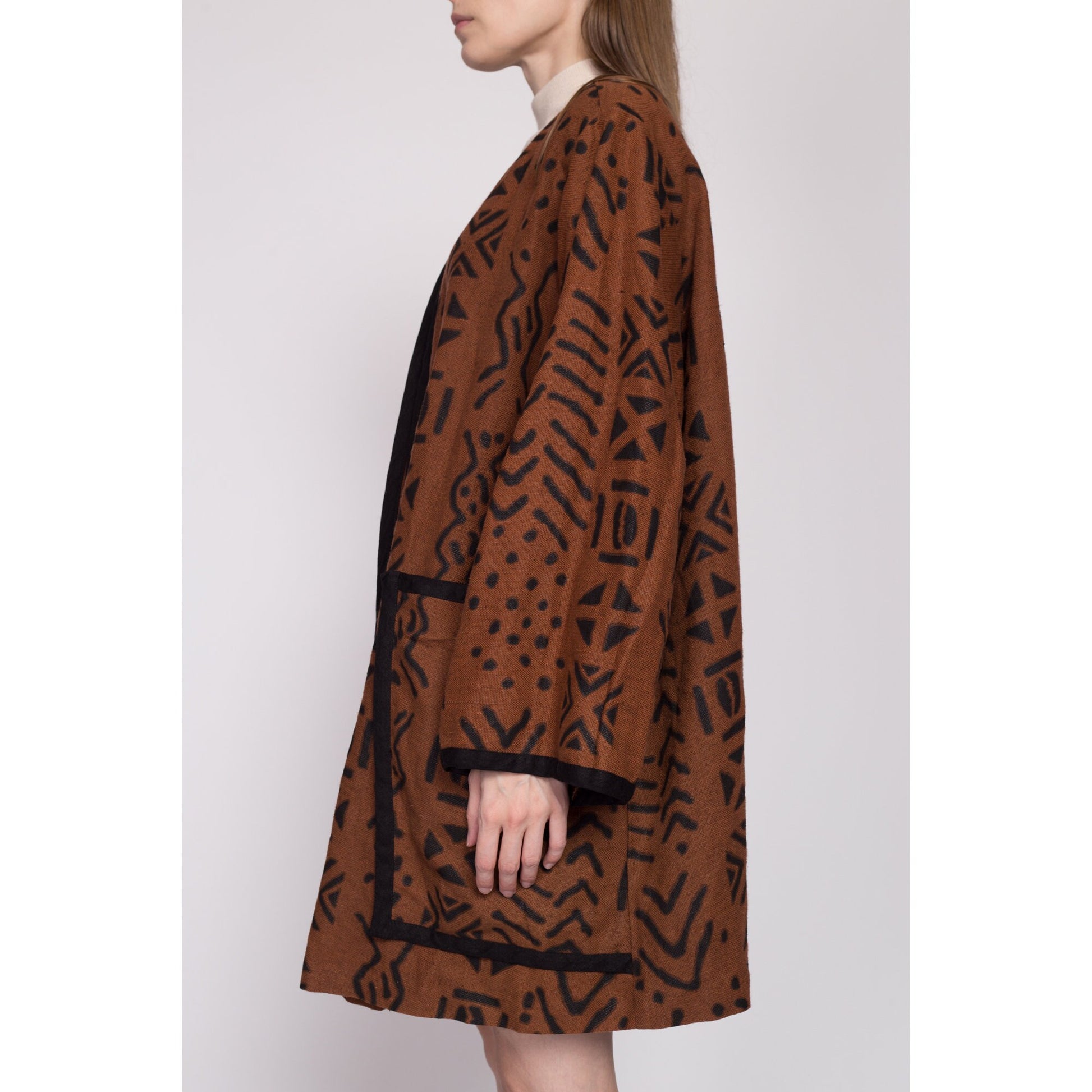 XXL| 80s Boho Brown Linen Open Fit Jacket - One Size | Vintage Fixsun Tribal Print Lightweight Coat