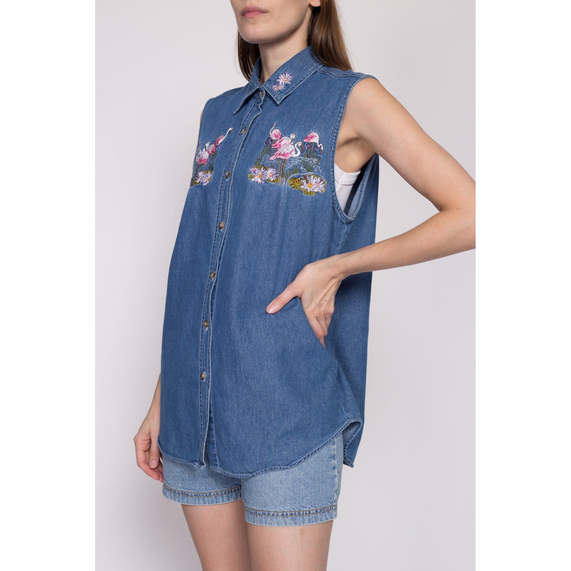 L| 90s Flamingo Chambray Sleeveless Shirt - Large | Vintage Embroidered Denim Vest