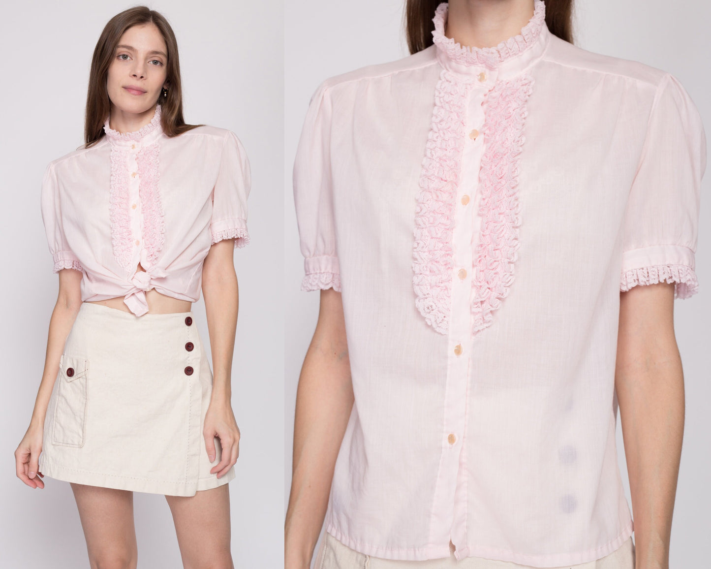 L| 70s Baby Pink Tuxedo Ruffle Blouse - Large | Vintage Boho Short Sleeve Button Up Prairie Top