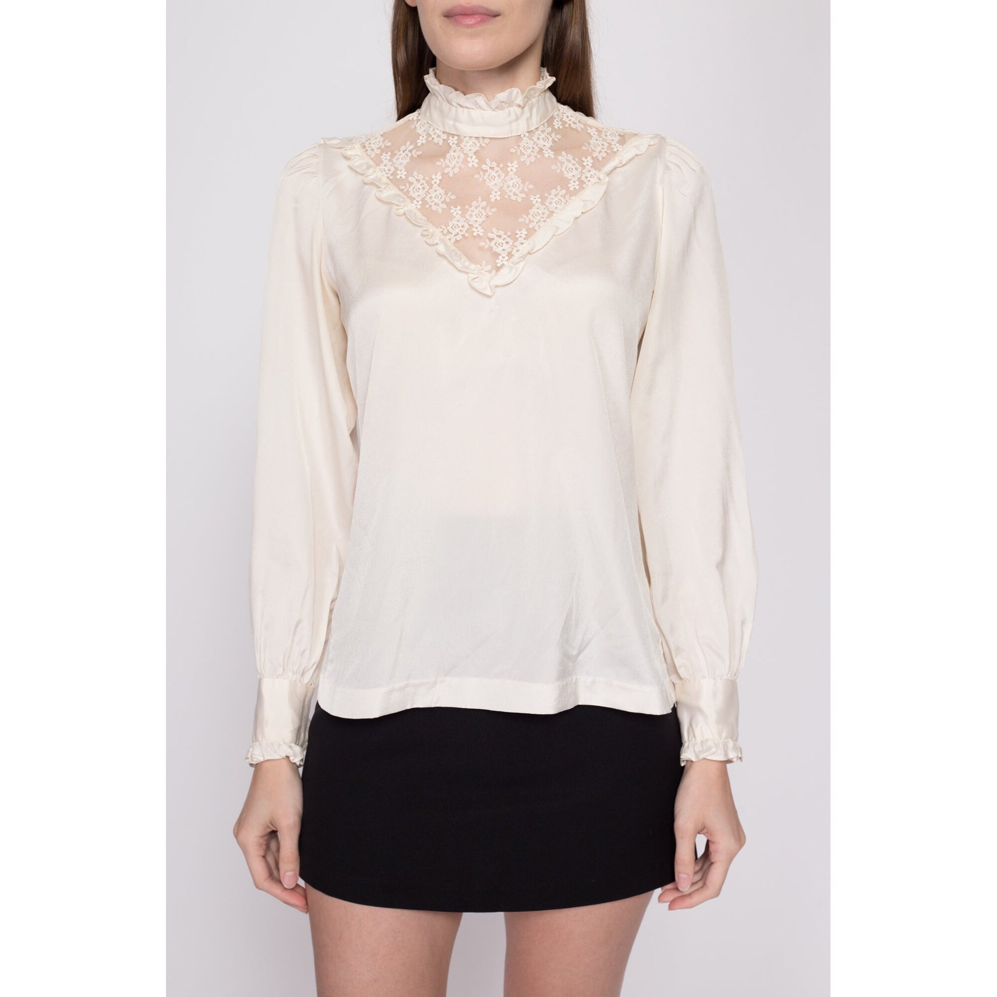 Small 70s Does Victorian Ivory Lace Trim Blouse | Vintage Long Sleeve Boho High Collar Top