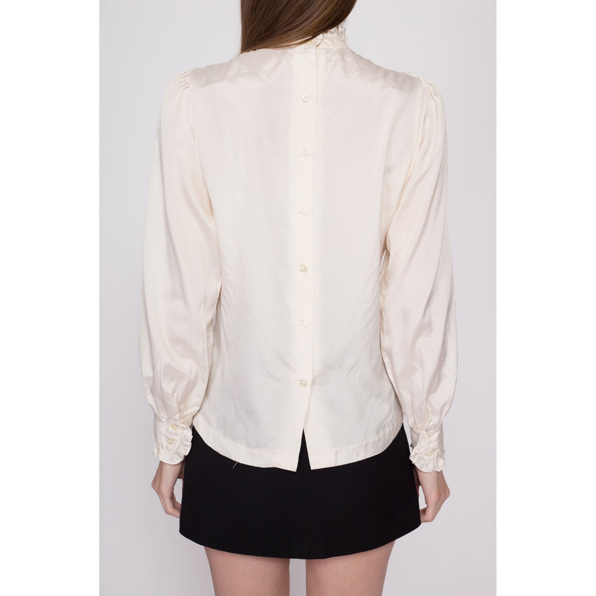 Small 70s Does Victorian Ivory Lace Trim Blouse | Vintage Long Sleeve Boho High Collar Top
