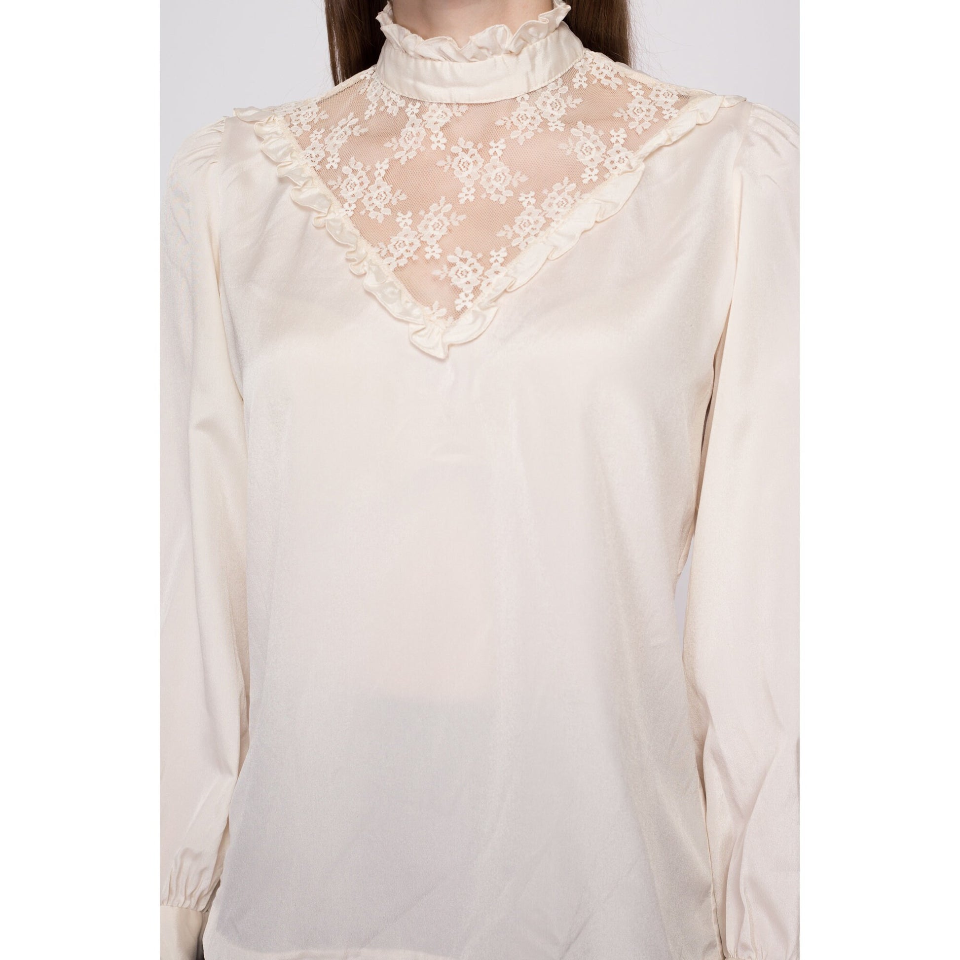 Small 70s Does Victorian Ivory Lace Trim Blouse | Vintage Long Sleeve Boho High Collar Top