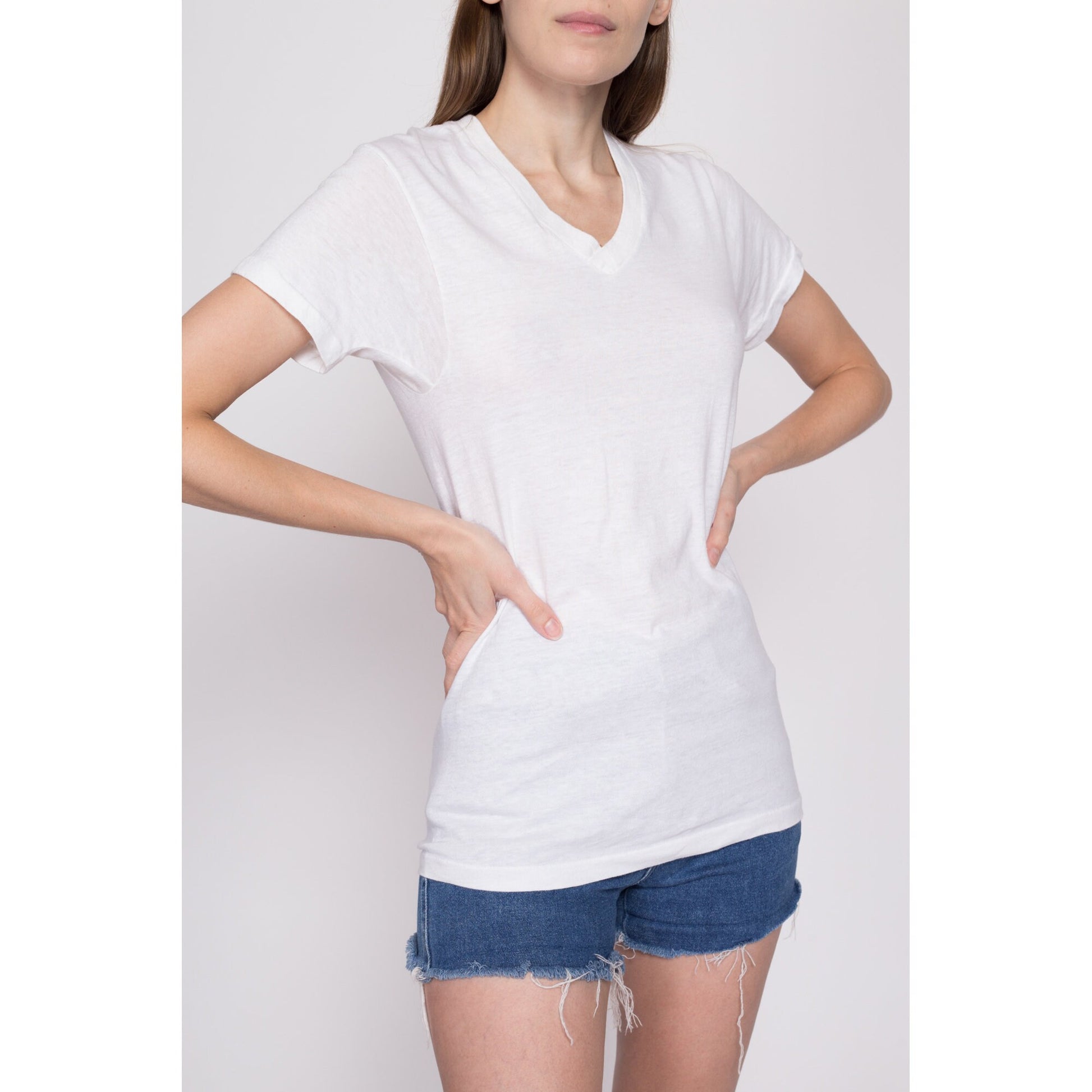 Small 80s Calvin Klein Blank White T Shirt Unisex | Vintage Single Stitch Plain V Neck Tee Threadbare Undershirt