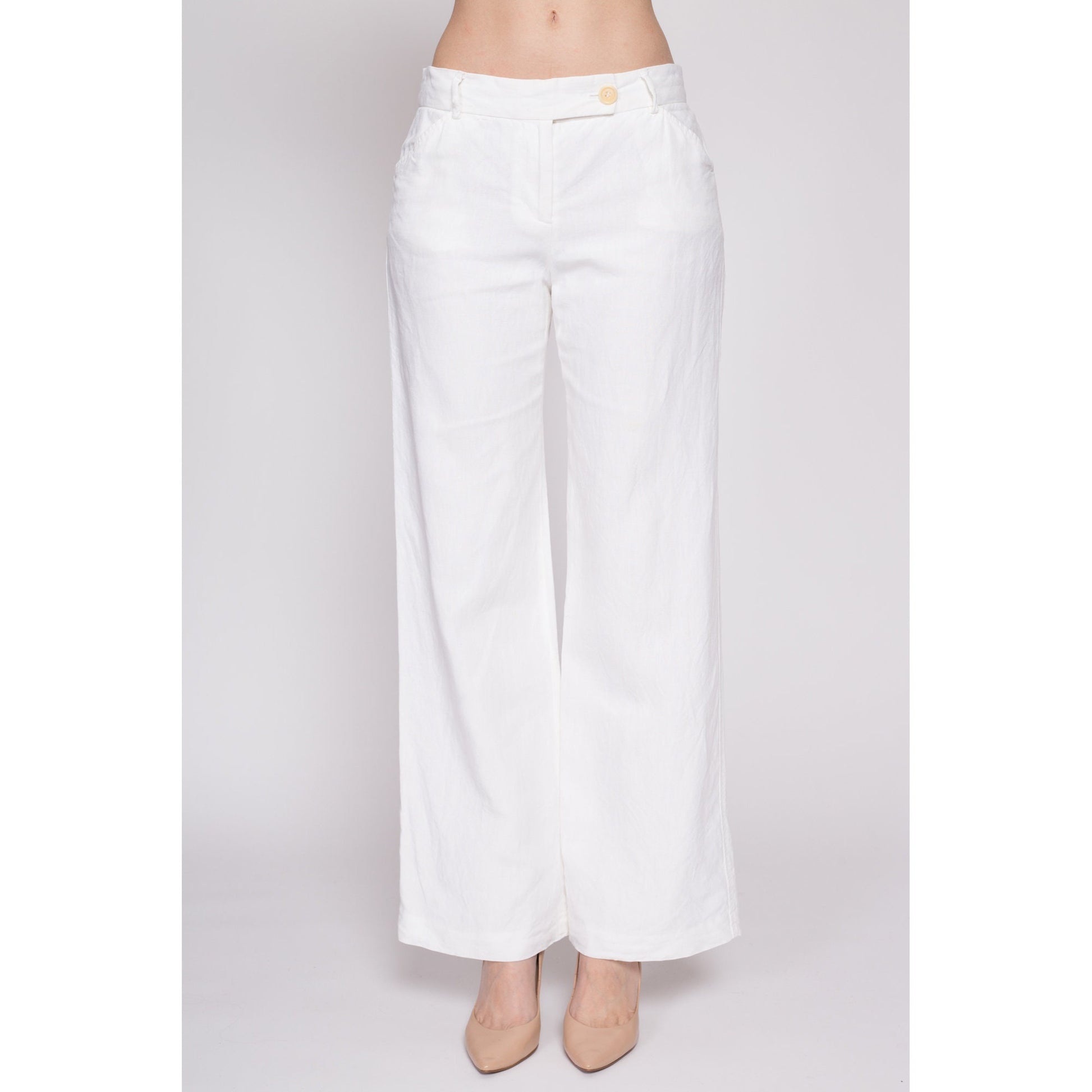 Small Vintage J Crew White Linen Low Rise Flares | 90s Y2K Retro Minimalist Wide Leg Sailor Pants