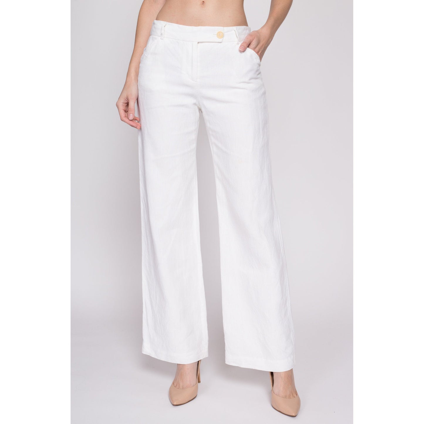 Small Vintage J Crew White Linen Low Rise Flares | 90s Y2K Retro Minimalist Wide Leg Sailor Pants