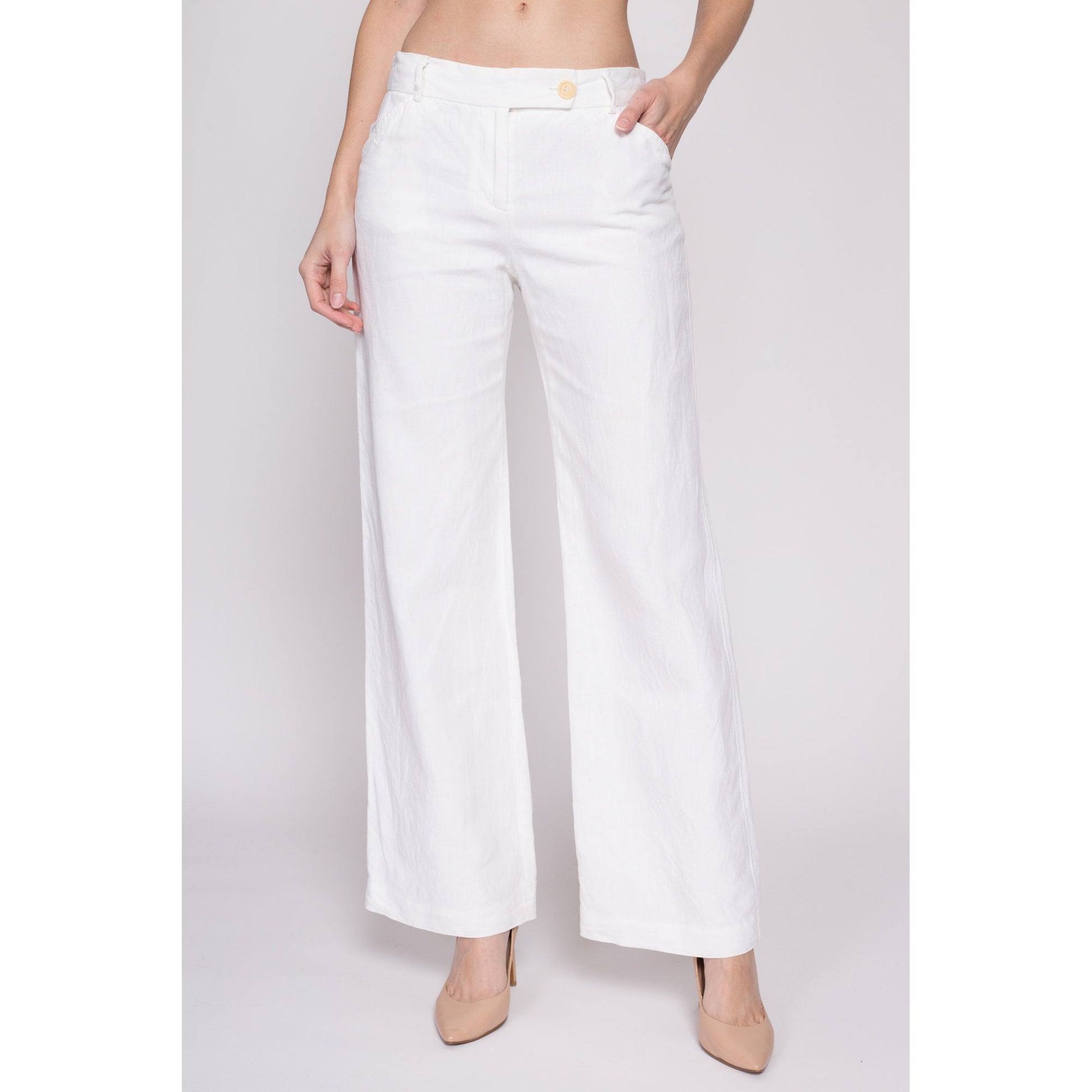 Small Vintage J Crew White Linen Low Rise Flares | 90s Y2K Retro Minimalist Wide Leg Sailor Pants