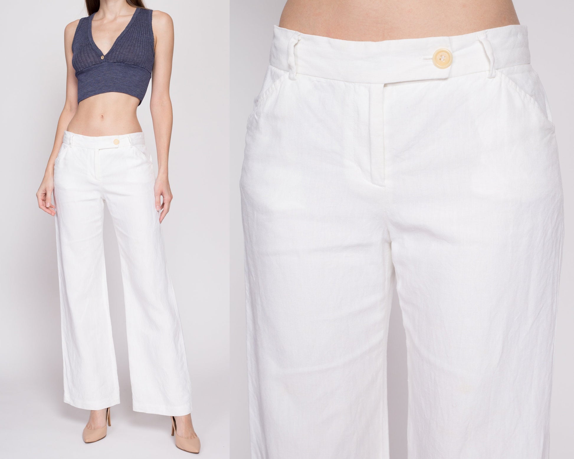Small Vintage J Crew White Linen Low Rise Flares | 90s Y2K Retro Minimalist Wide Leg Sailor Pants