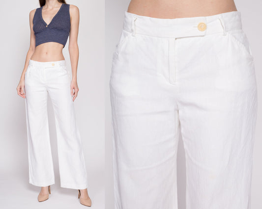 Small Vintage J Crew White Linen Low Rise Flares | 90s Y2K Retro Minimalist Wide Leg Sailor Pants