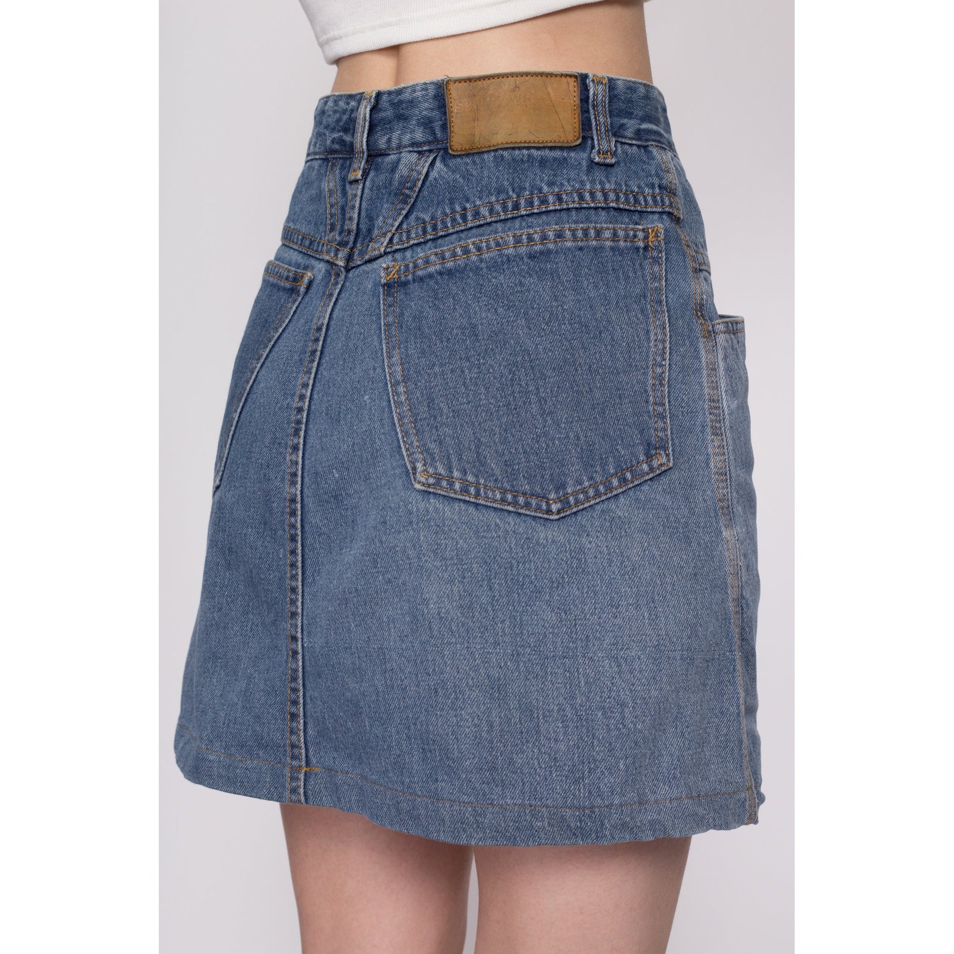 Small 90s Marithe Francois Girbaud Jean Mini Skirt 26" | Vintage Complements MFG Designer High Waisted A Line Denim Skirt