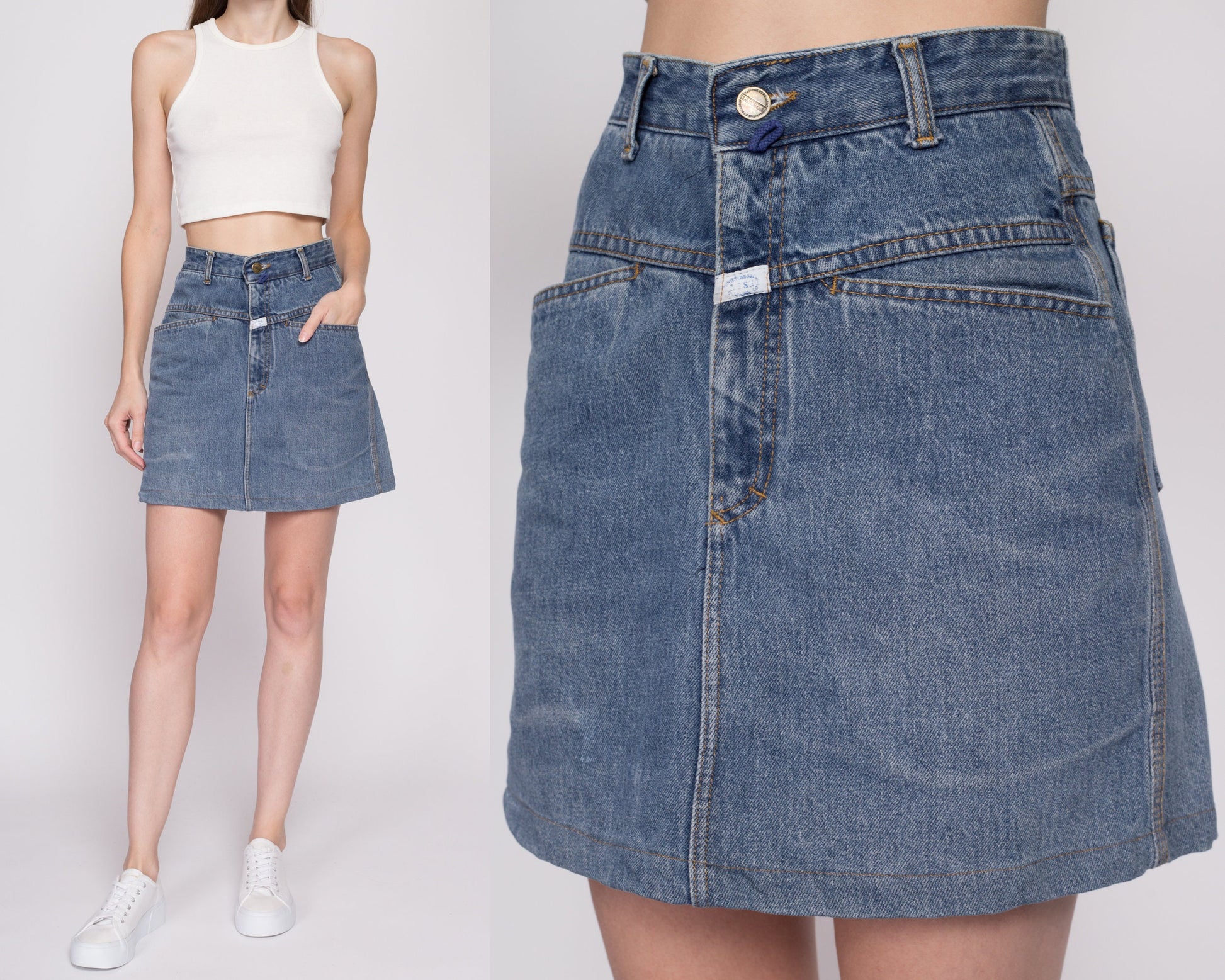 Small 90s Marithe Francois Girbaud Jean Mini Skirt 26" | Vintage Complements MFG Designer High Waisted A Line Denim Skirt