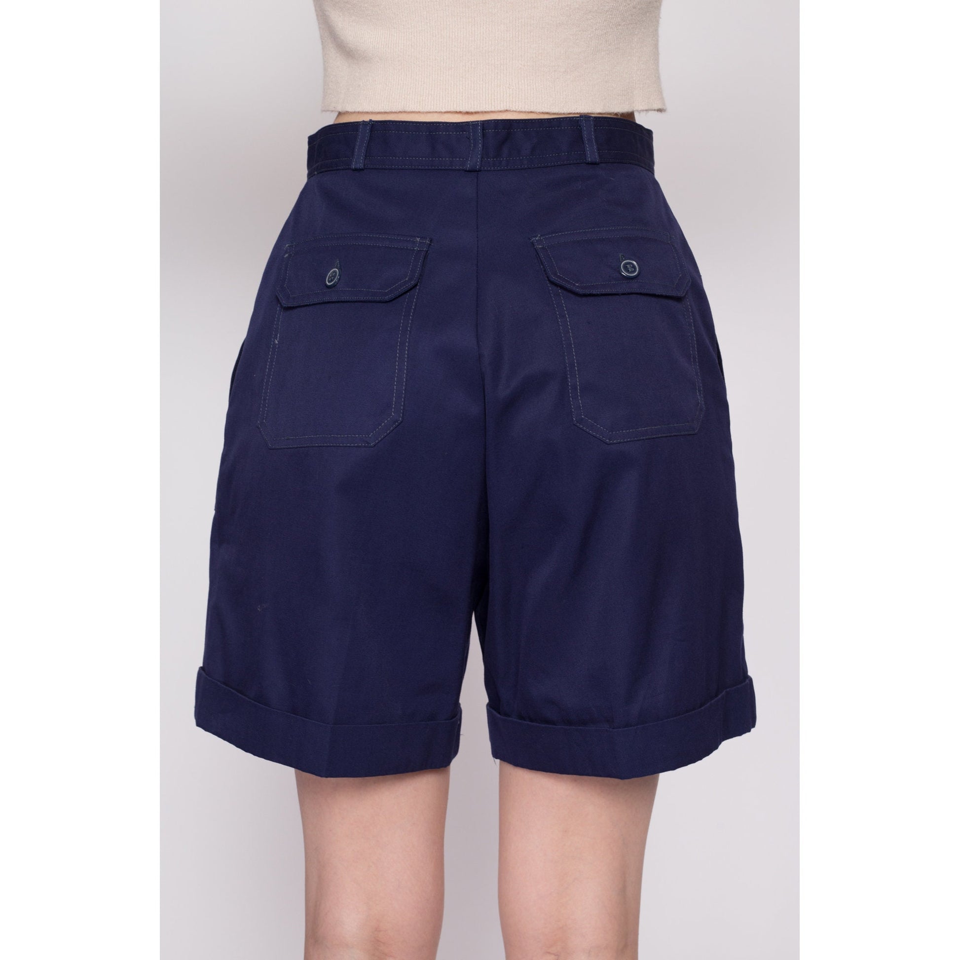 Small 80s High Waisted Navy Blue Pleated Shorts 27" | Vintage Casual Plain Cuffed Shorts