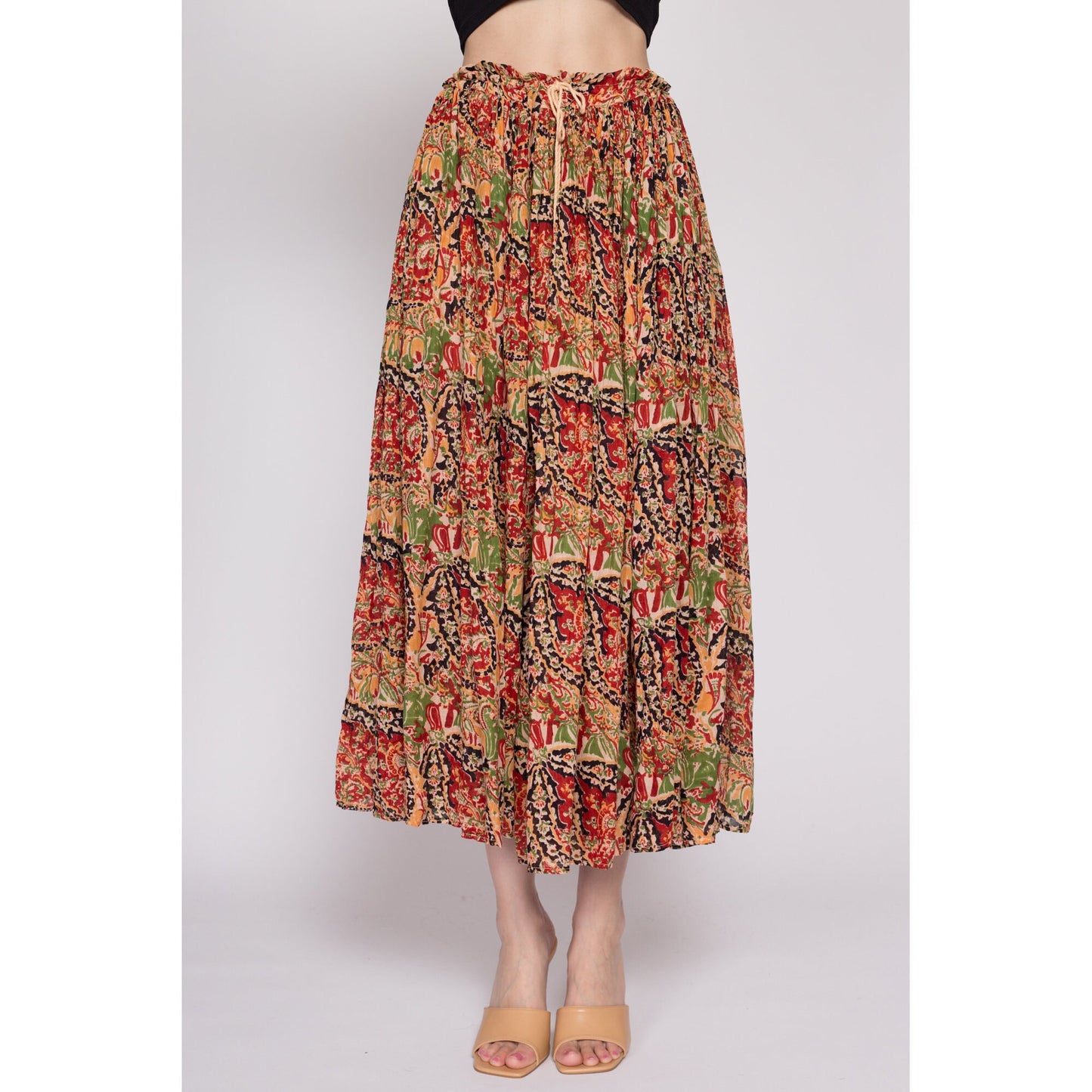 One Size 90s Boho Gauzy Cotton Broomstick Skirt | Vintage Made In India Sheer Crinkle Boho Festival Midi Maxi Skirt