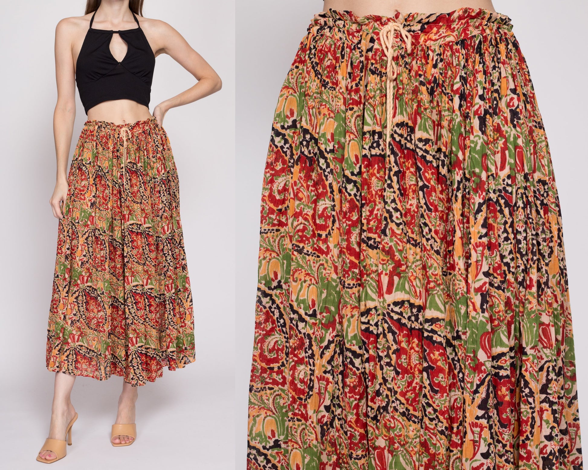 One Size 90s Boho Gauzy Cotton Broomstick Skirt | Vintage Made In India Sheer Crinkle Boho Festival Midi Maxi Skirt