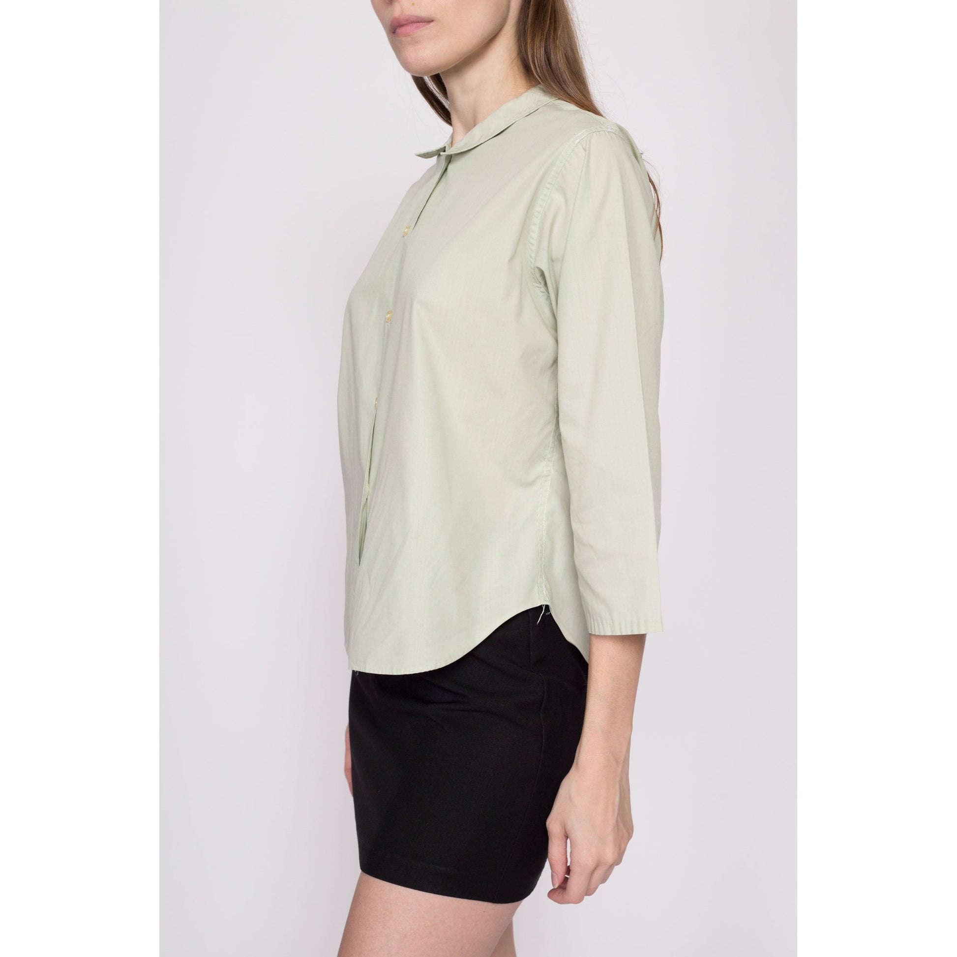 Large 50s 60s Sage Green Blouse | Vintage Peter Pan Collar Button Up 3/4 Sleeve Shirt