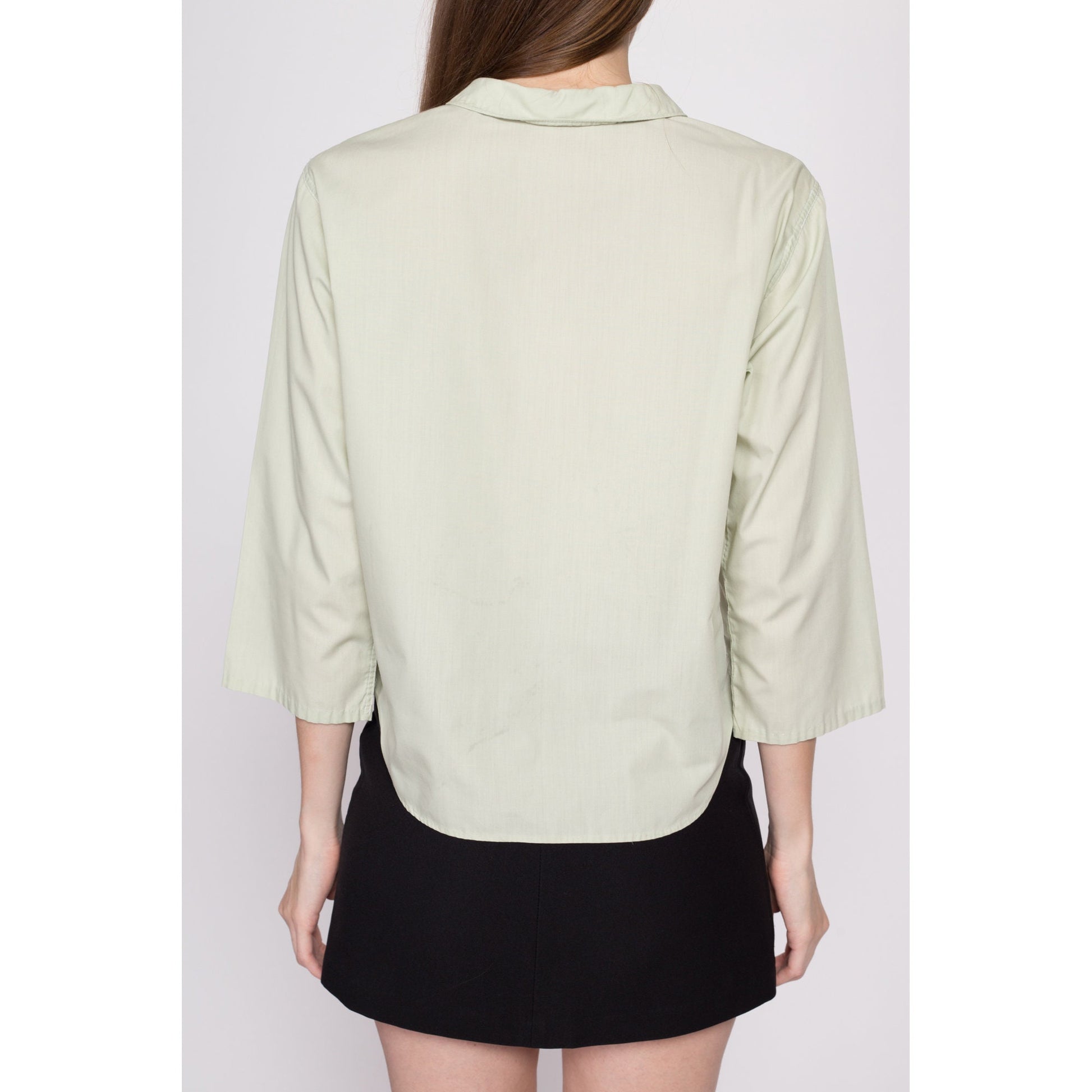 Large 50s 60s Sage Green Blouse | Vintage Peter Pan Collar Button Up 3/4 Sleeve Shirt