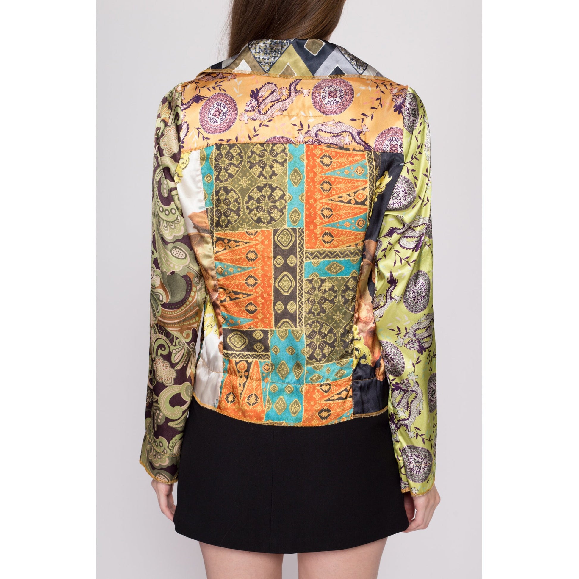Medium 90s Baroque Patchwork Satin Cropped Jacket | Boho Collared Abalone Button Up Top