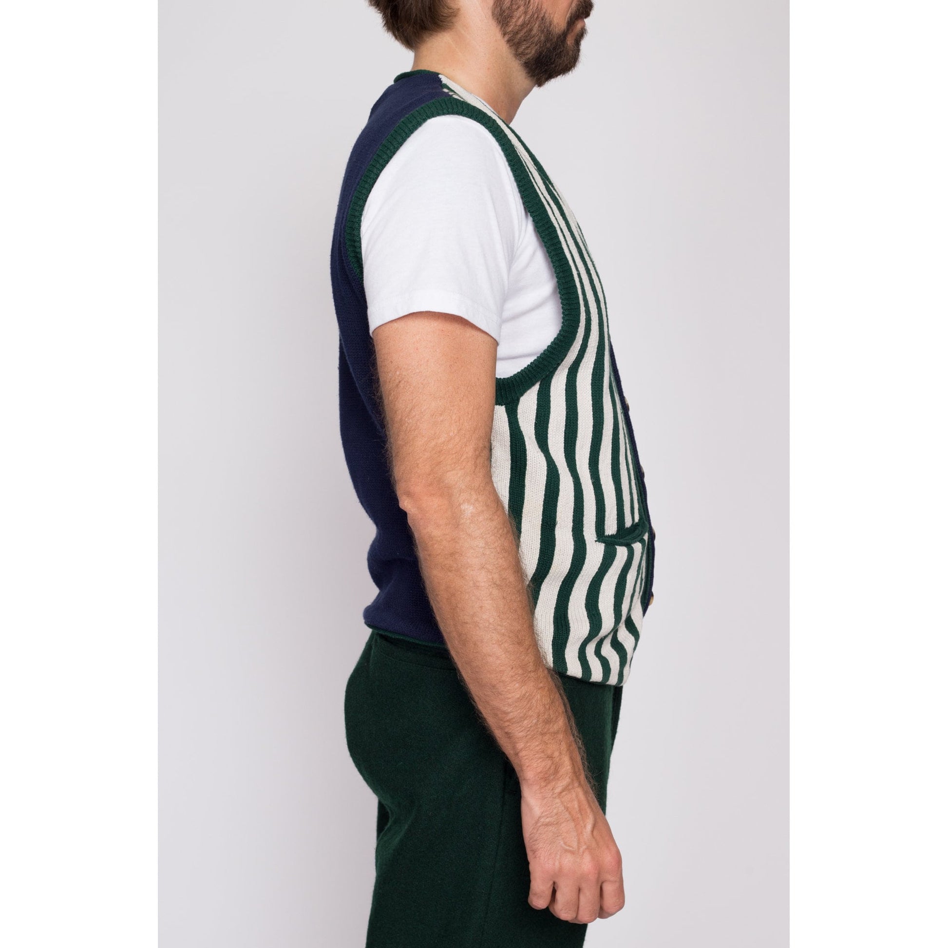 M| 80s Striped Cotton Knit Sweater Vest - Men's Medium | Vintage Blue Green Button Up V Neck Sleeveless Cardigan