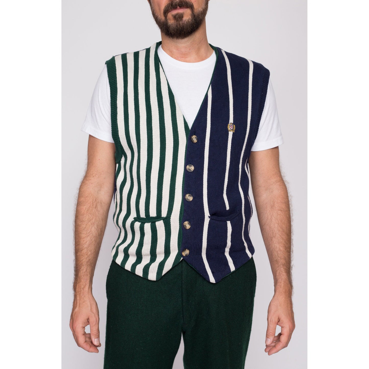 M| 80s Striped Cotton Knit Sweater Vest - Men's Medium | Vintage Blue Green Button Up V Neck Sleeveless Cardigan