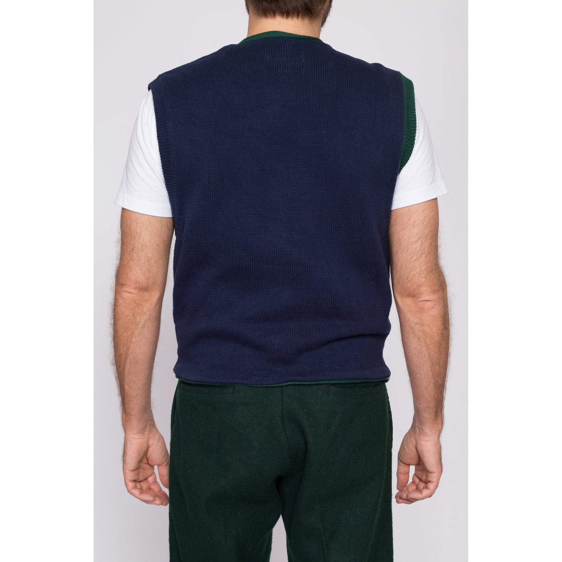 M| 80s Striped Cotton Knit Sweater Vest - Men's Medium | Vintage Blue Green Button Up V Neck Sleeveless Cardigan