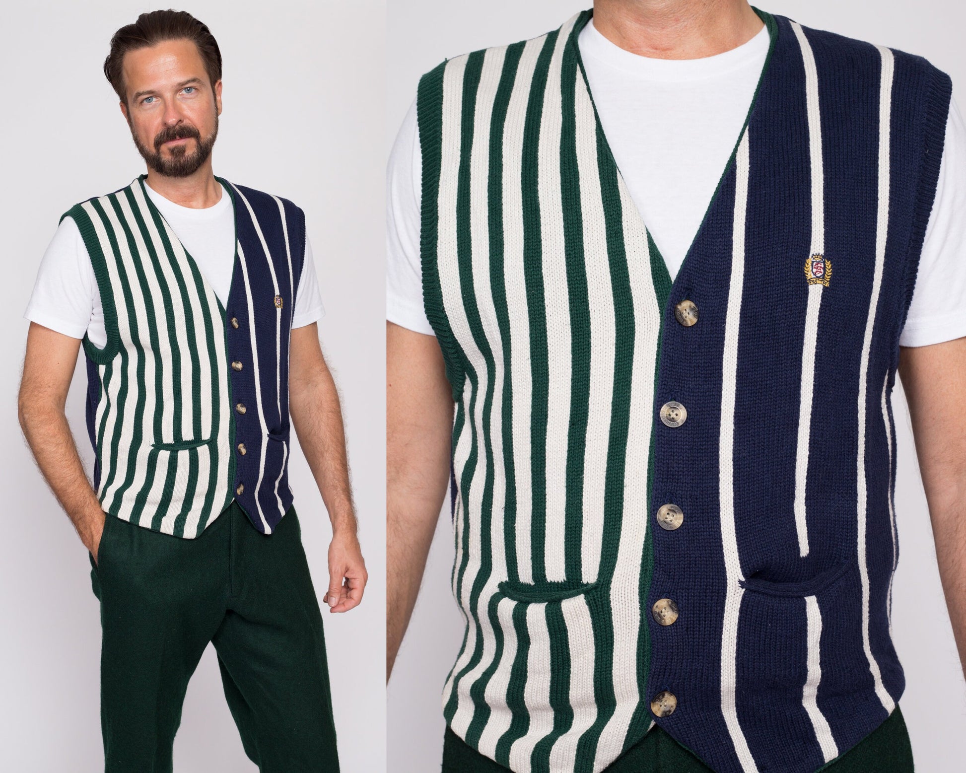 M| 80s Striped Cotton Knit Sweater Vest - Men's Medium | Vintage Blue Green Button Up V Neck Sleeveless Cardigan