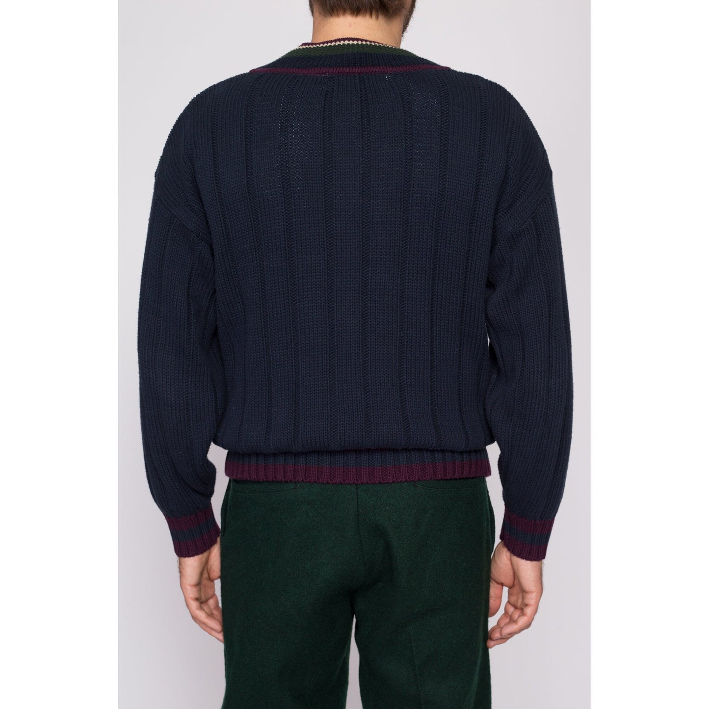 M| 90s Michael Gerald Cotton Cable Knit Tennis Sweater - Men's Medium | Vintage Navy Blue Preppy Striped V Neck Cricket Pullover