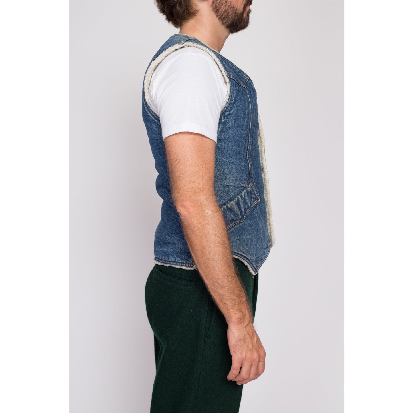 S| 70s 80s Levis Denim Sherpa Vest - Men's Small | Vintage Western Shearling Lined Sleeveless Jean Jacket
