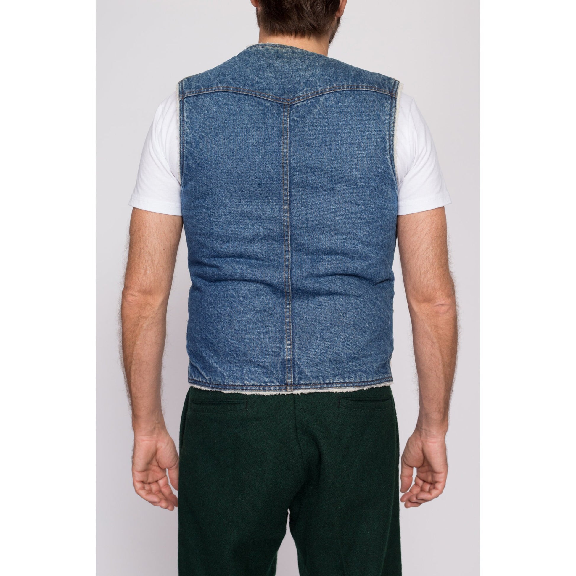 S| 70s 80s Levis Denim Sherpa Vest - Men's Small | Vintage Western Shearling Lined Sleeveless Jean Jacket
