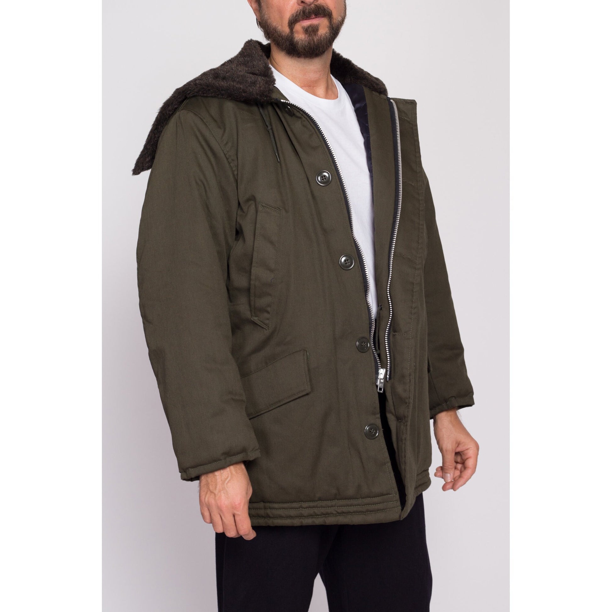 M| 80s Golden Fleece Hooded Army Green Parka Jacket - Men's Medium Short | Vintage Industrial Outerwear Split Zip Hood Oversize Coat