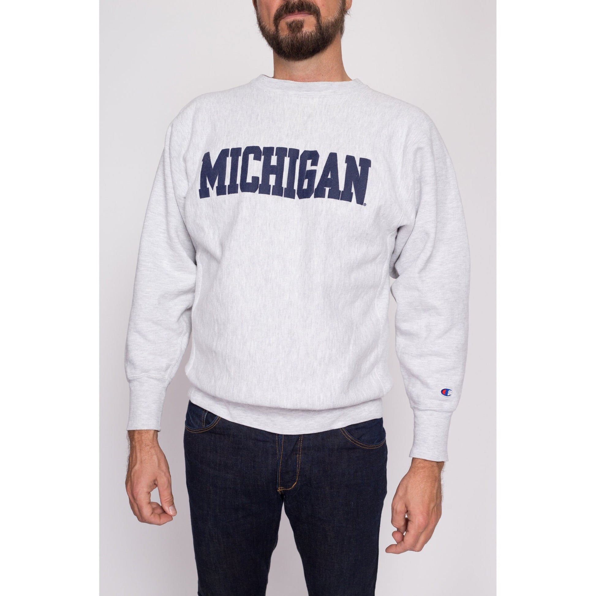 M| 90s University Of Michigan Champion Reverse Weave Sweatshirt - Men's Medium | Vintage Heather Grey Collegiate Crew Neck Pullover