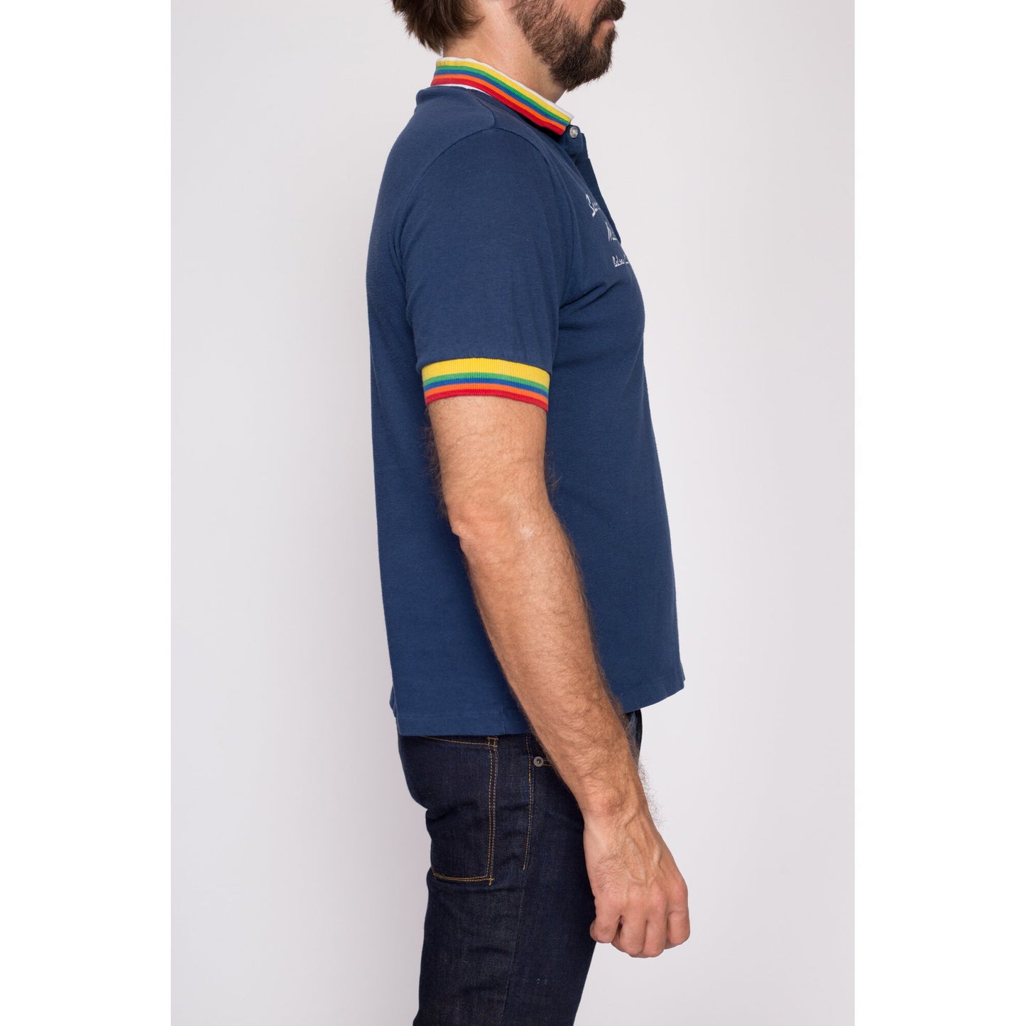M| 80s Rainbow Striped Polo Shirt - Men's Medium | Vintage Balsam Lake Staff Uniform Short Sleeve Collared Shirt