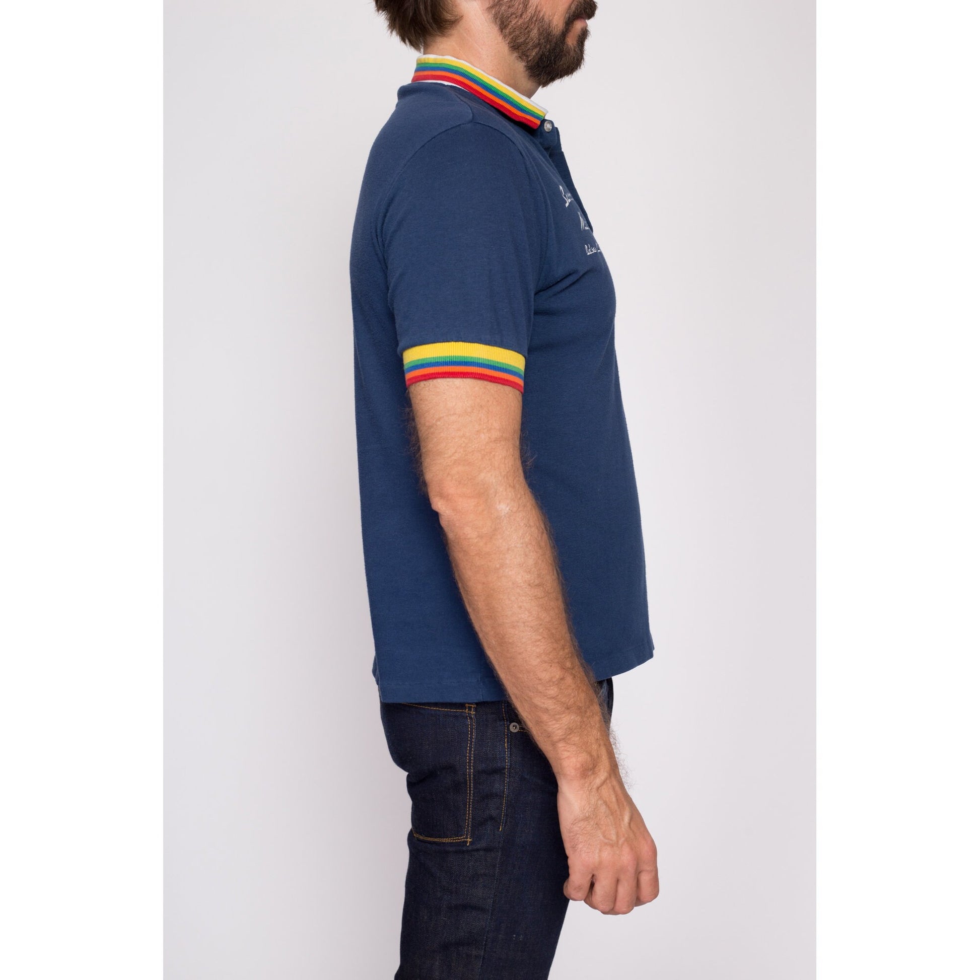 M| 80s Rainbow Striped Polo Shirt - Men's Medium | Vintage Balsam Lake Staff Uniform Short Sleeve Collared Shirt