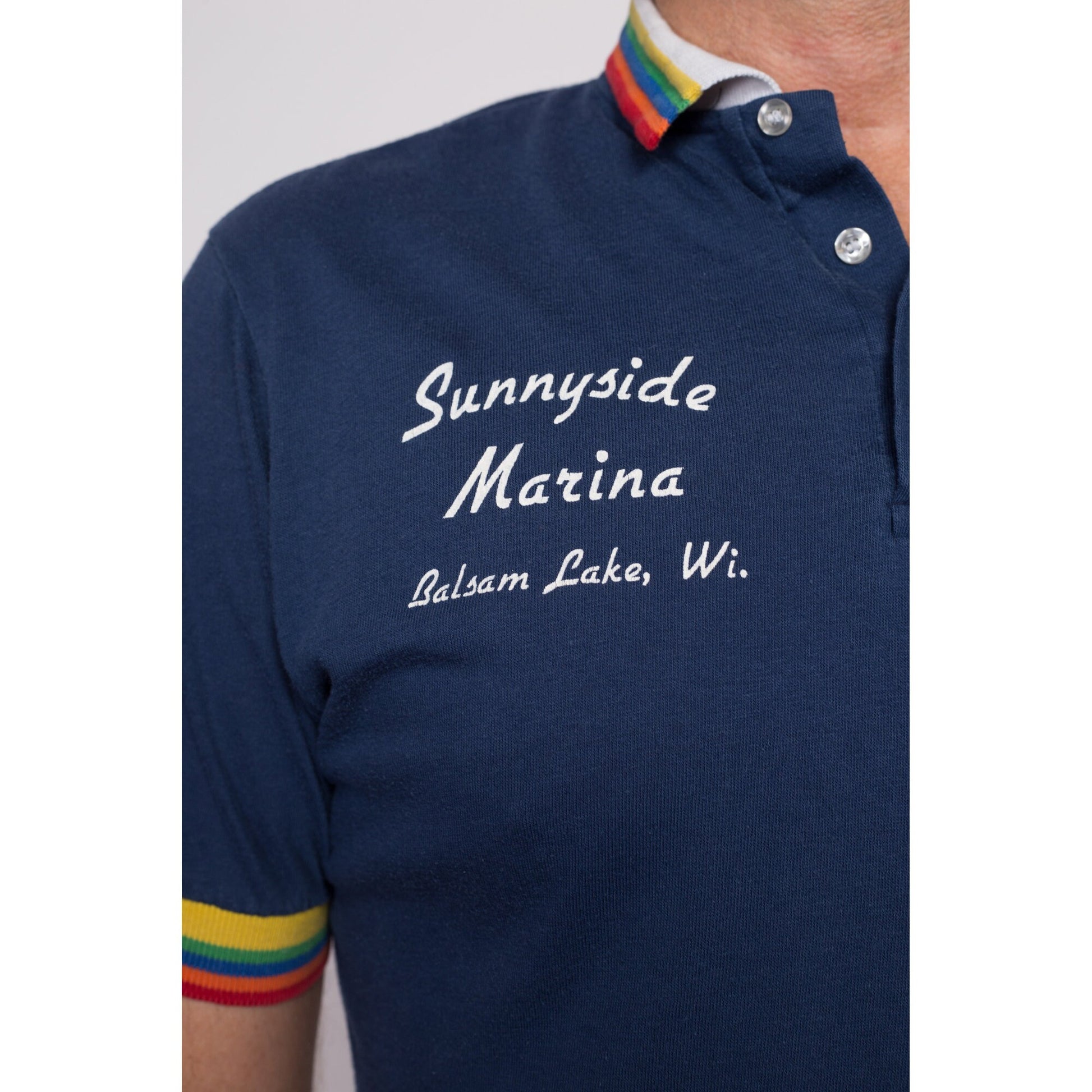 M| 80s Rainbow Striped Polo Shirt - Men's Medium | Vintage Balsam Lake Staff Uniform Short Sleeve Collared Shirt