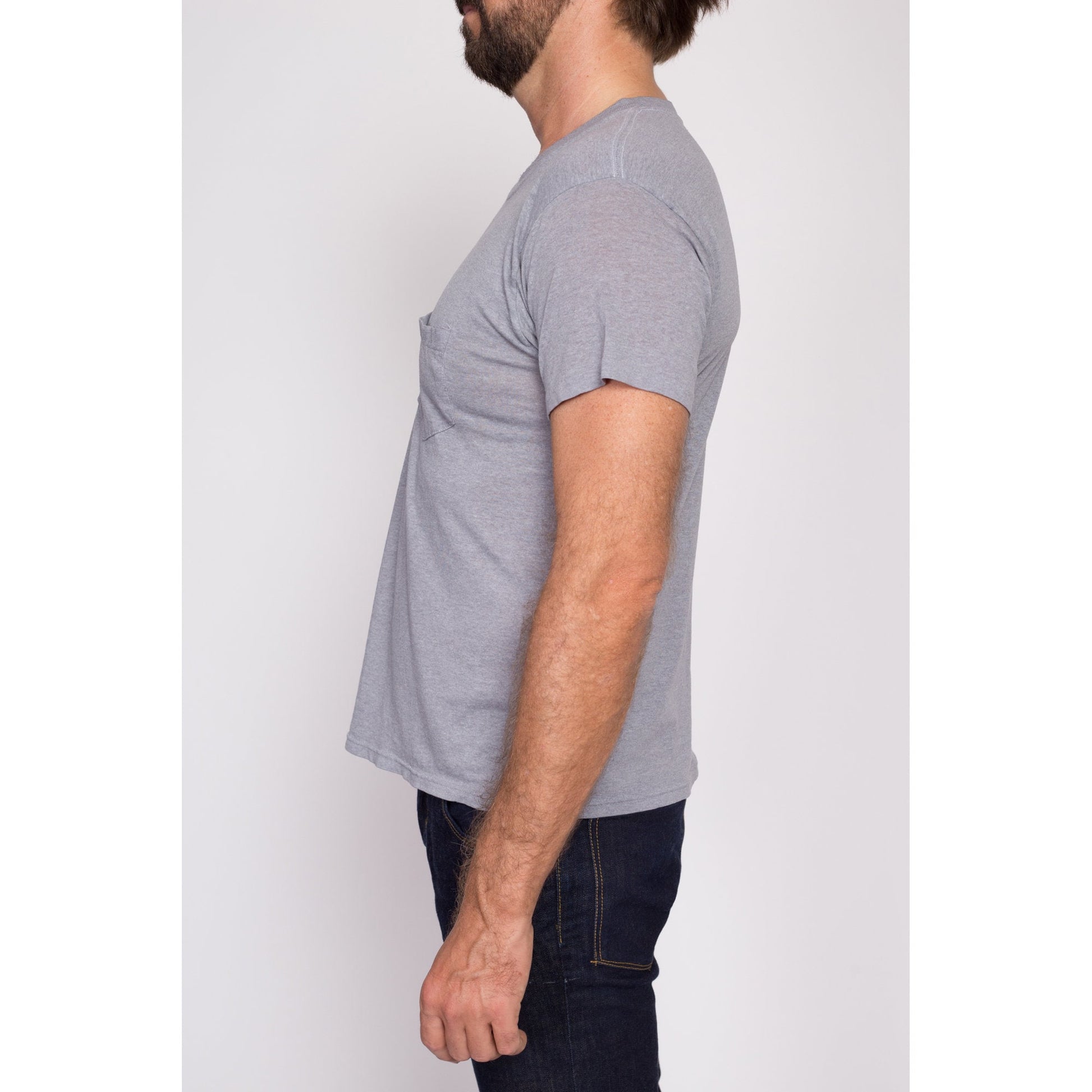 M| 80s Plain Grey Pocket Tee - Men's Medium | Vintage Paper Thin Blank T Shirt