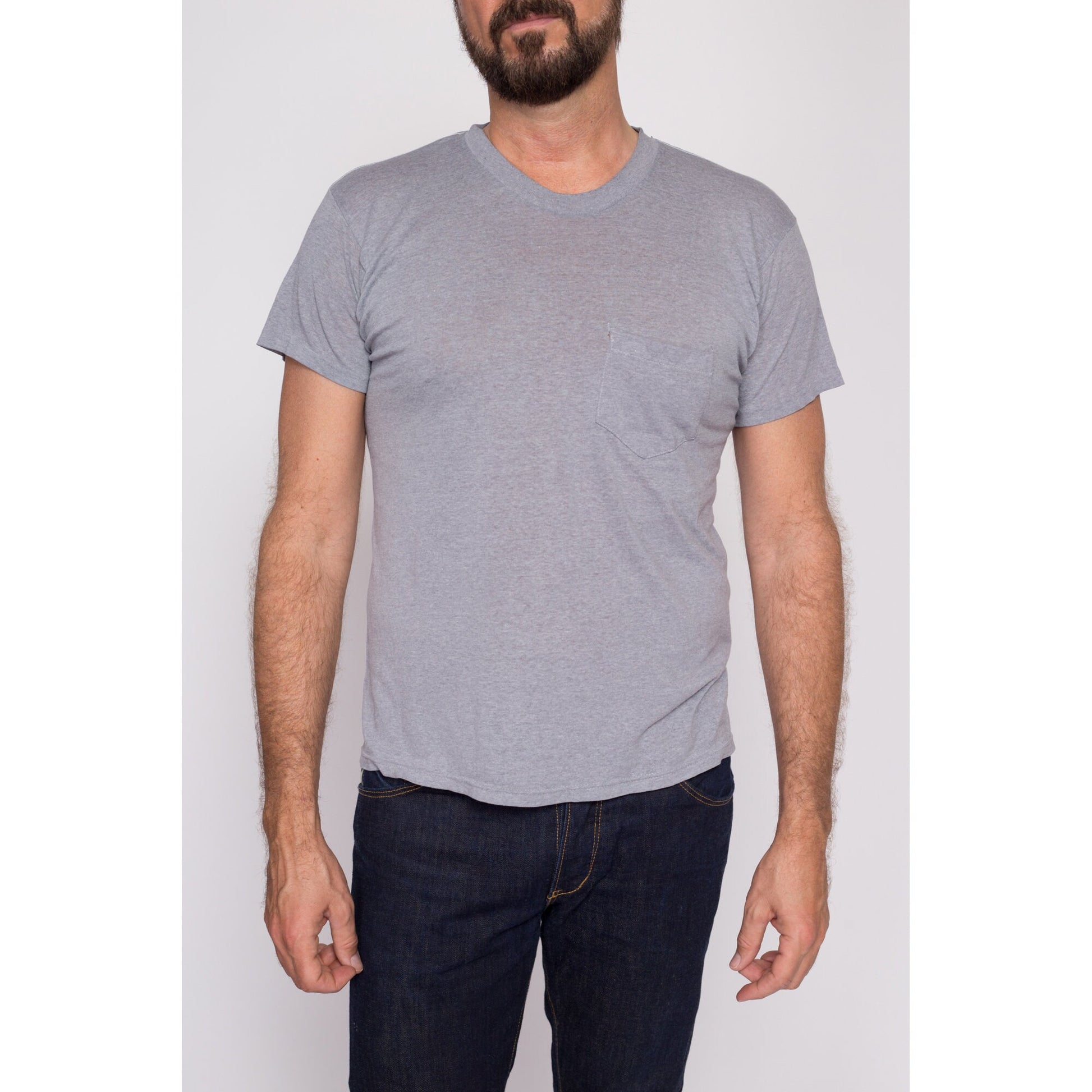 M| 80s Plain Grey Pocket Tee - Men's Medium | Vintage Paper Thin Blank T Shirt