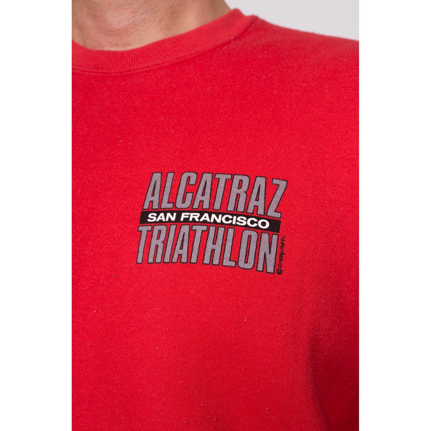 M| 90s Alcatraz Triathalon Sweatshirt - Men's Medium | Vintage Red San Francisco Crazy Shirts Funny Graphic Crewneck