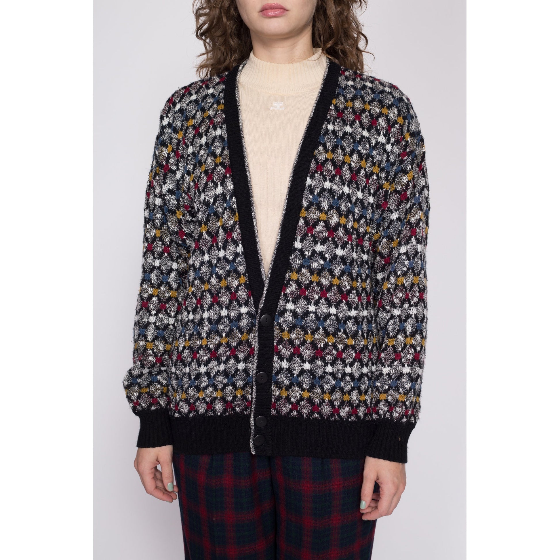 Med-Lrg 80s Slouchy Argyle Knit Cardigan Unisex | Vintage V Neck Oversize Button Up Grandpa Sweater