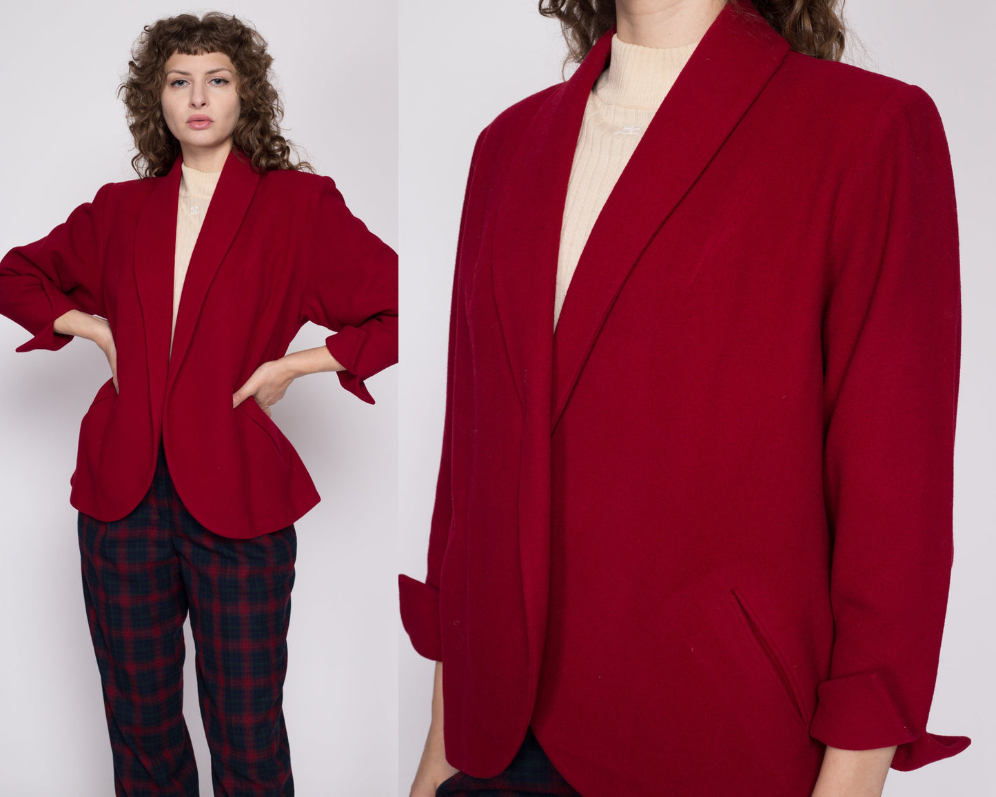 Medium 1940s Red Wool Blazer Jacket | Vintage 40s Open Fit Collared Dolman Sleeve Jacket