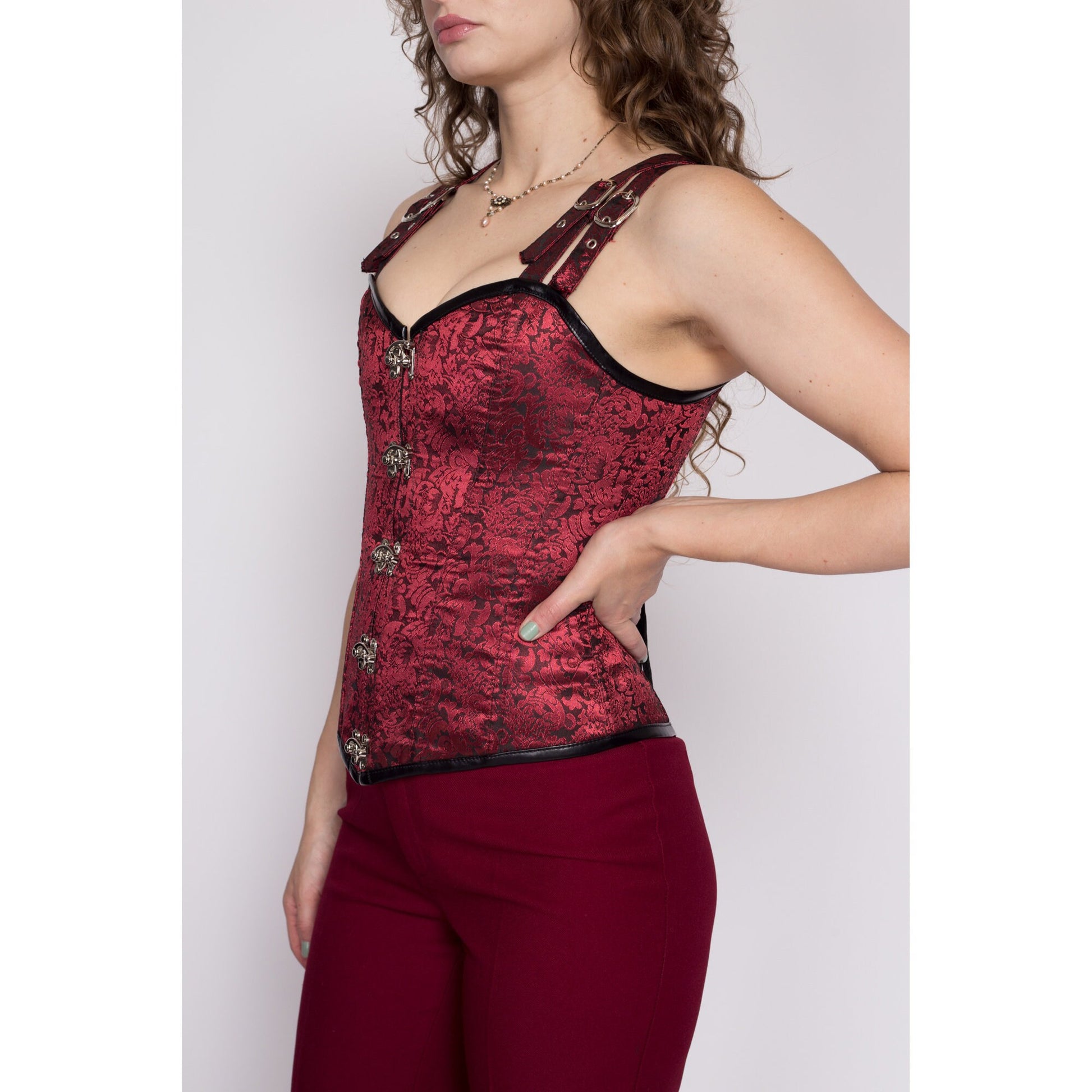 Sm-Med Red Satin Jacquard Corset Bustier | Vintage Y2K Gothic Lace Up Tank Top