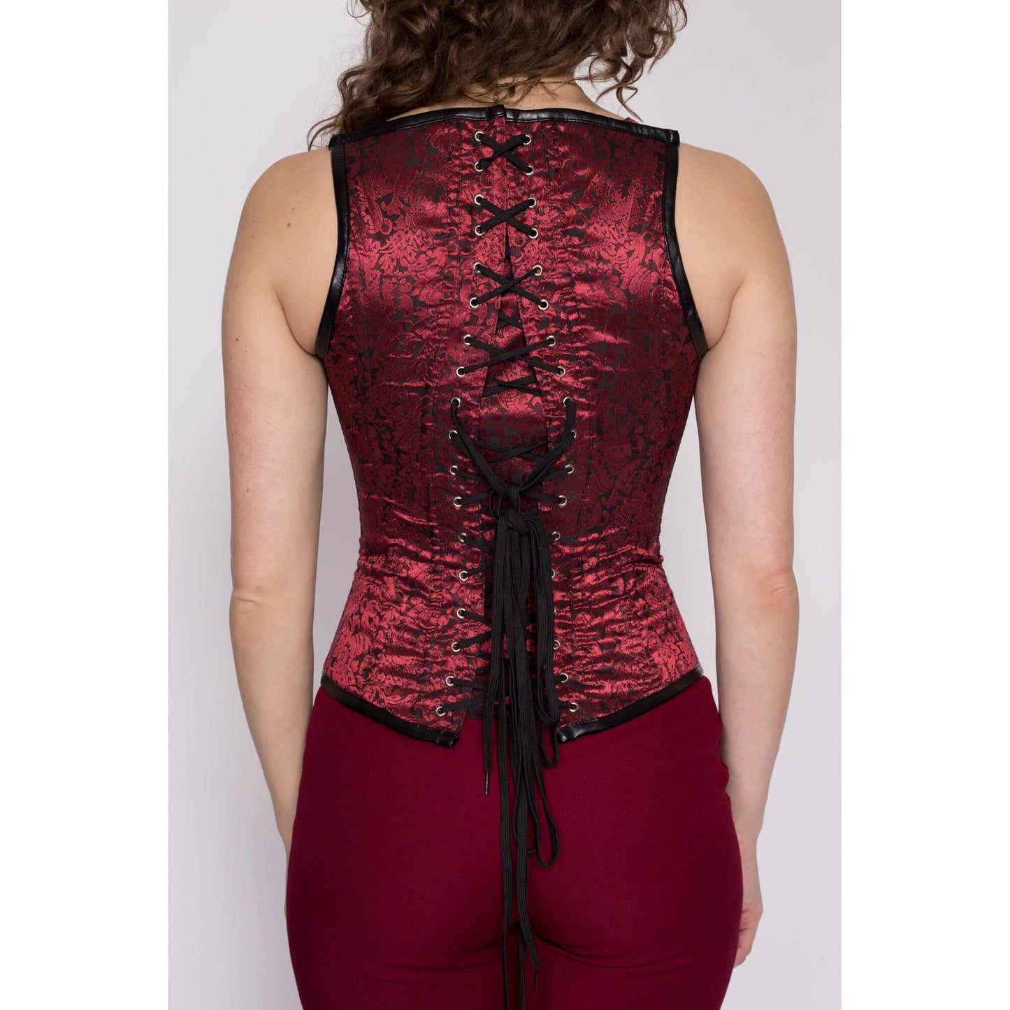 Sm-Med Red Satin Jacquard Corset Bustier | Vintage Y2K Gothic Lace Up Tank Top